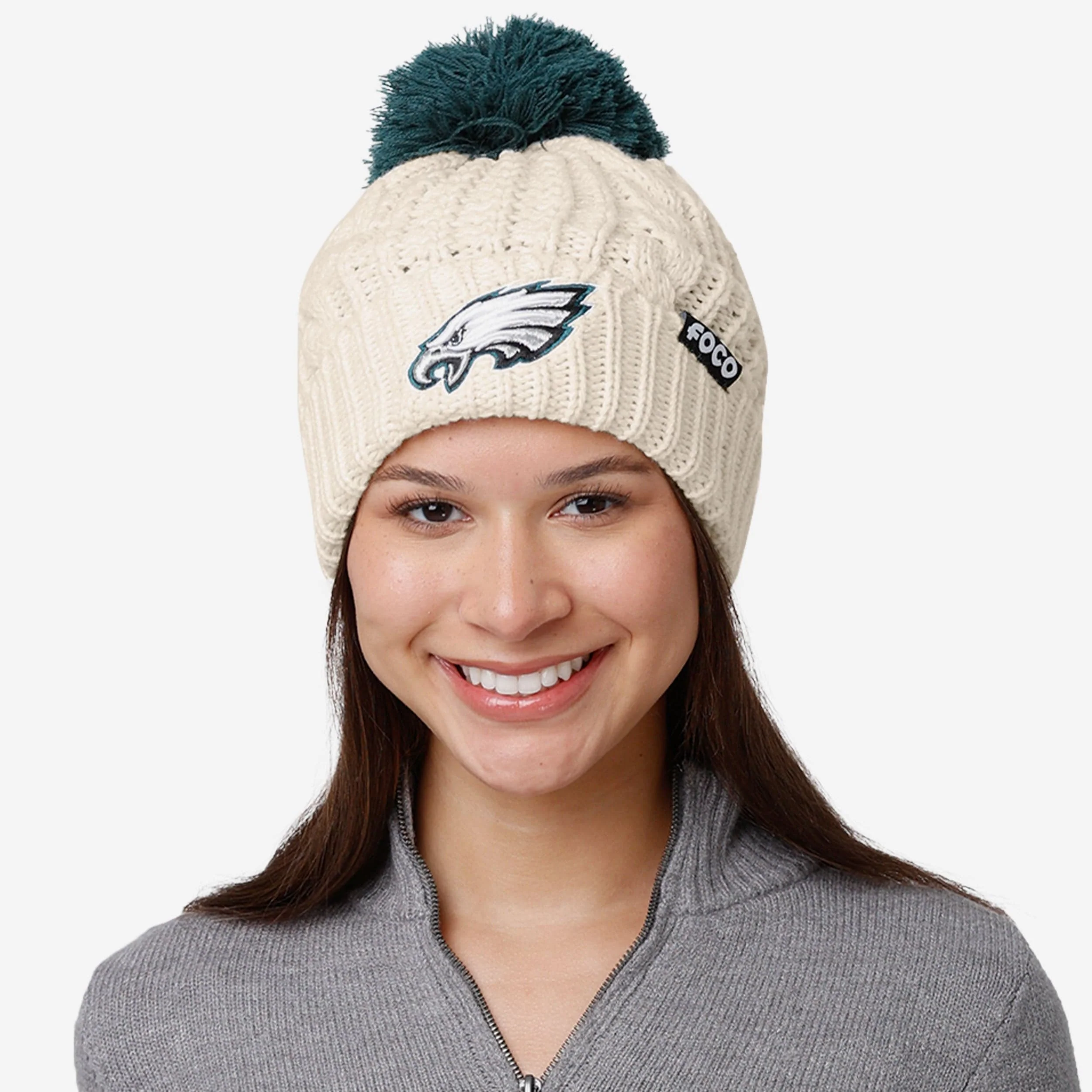 Philadelphia Eagles Womens Primary Logo White Cable Knit Pom Beanie - Image 3