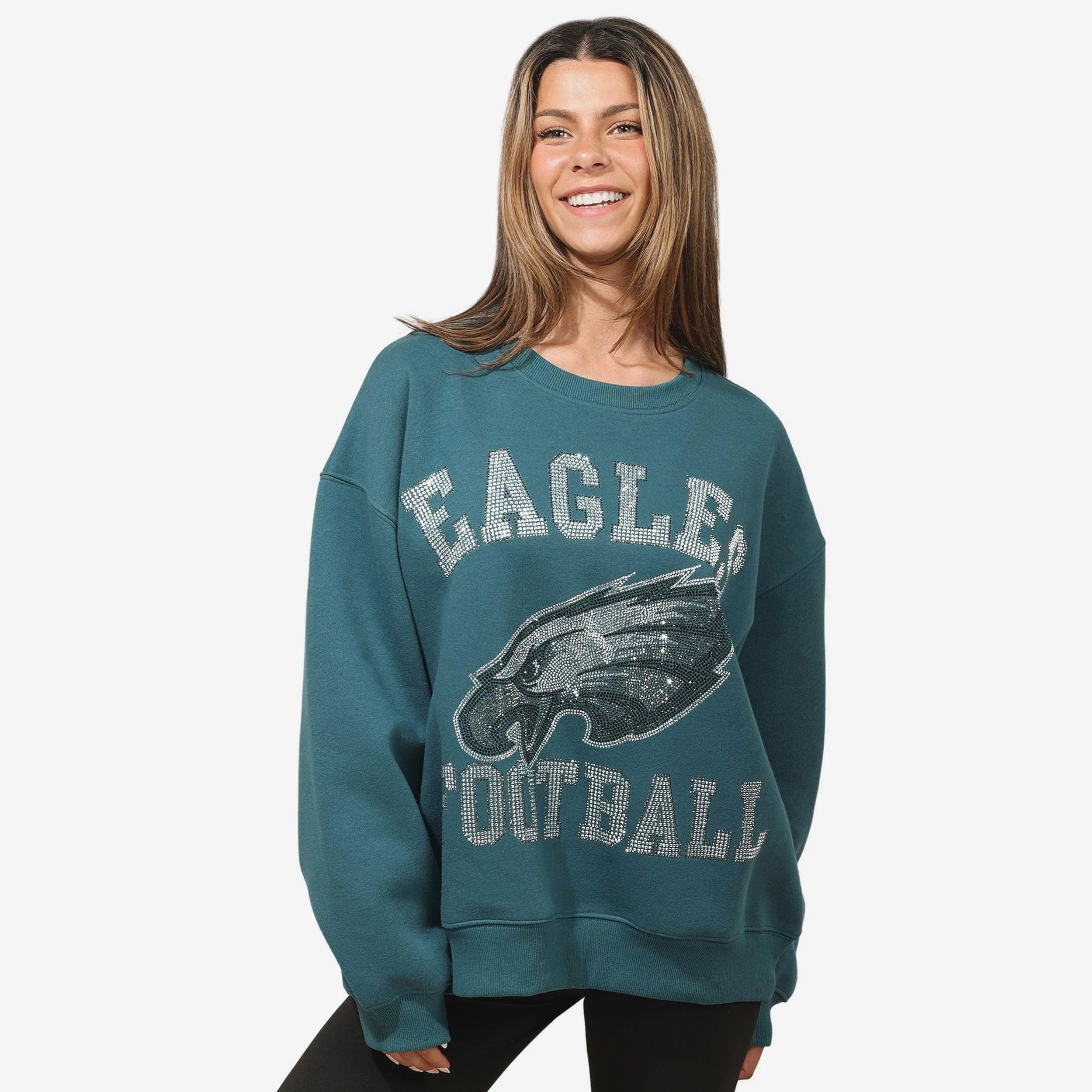 Philadelphia Eagles Womens Rhinestone Logo Oversized Crew Neck Sweatshirt