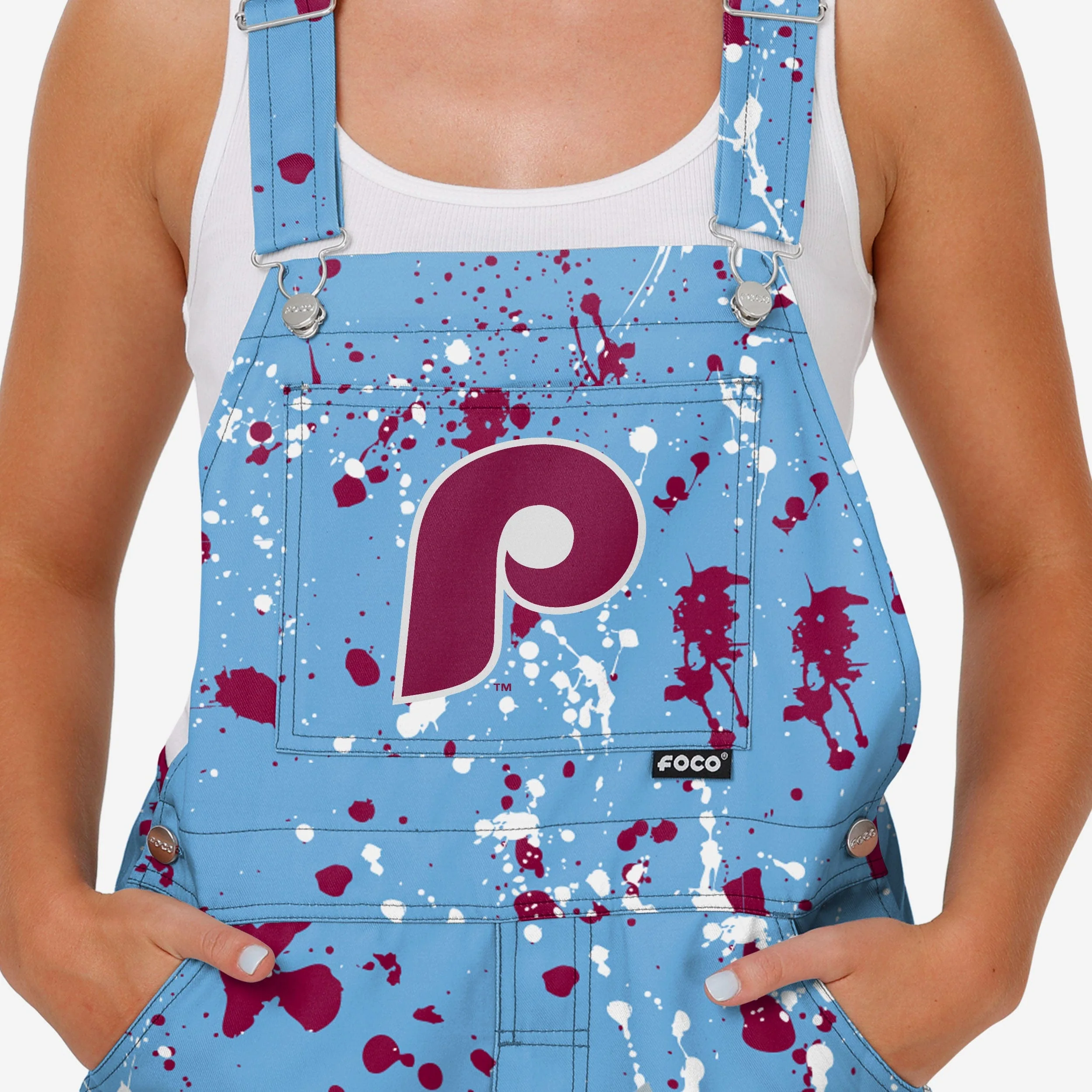 Philadelphia Phillies Womens Powder Blue Paint Splatter Bib Overalls - Image 4