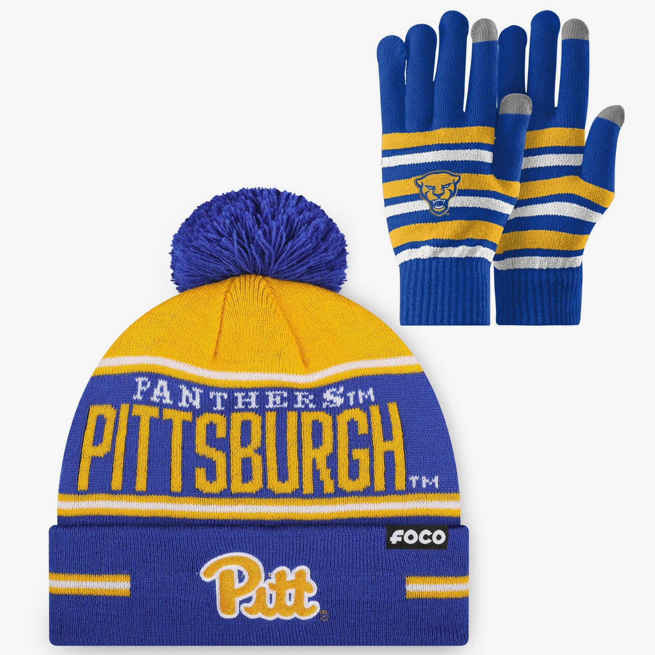Pittsburgh Panthers Stretch Glove & Big Wordmark Stripe Pom Beanie Set