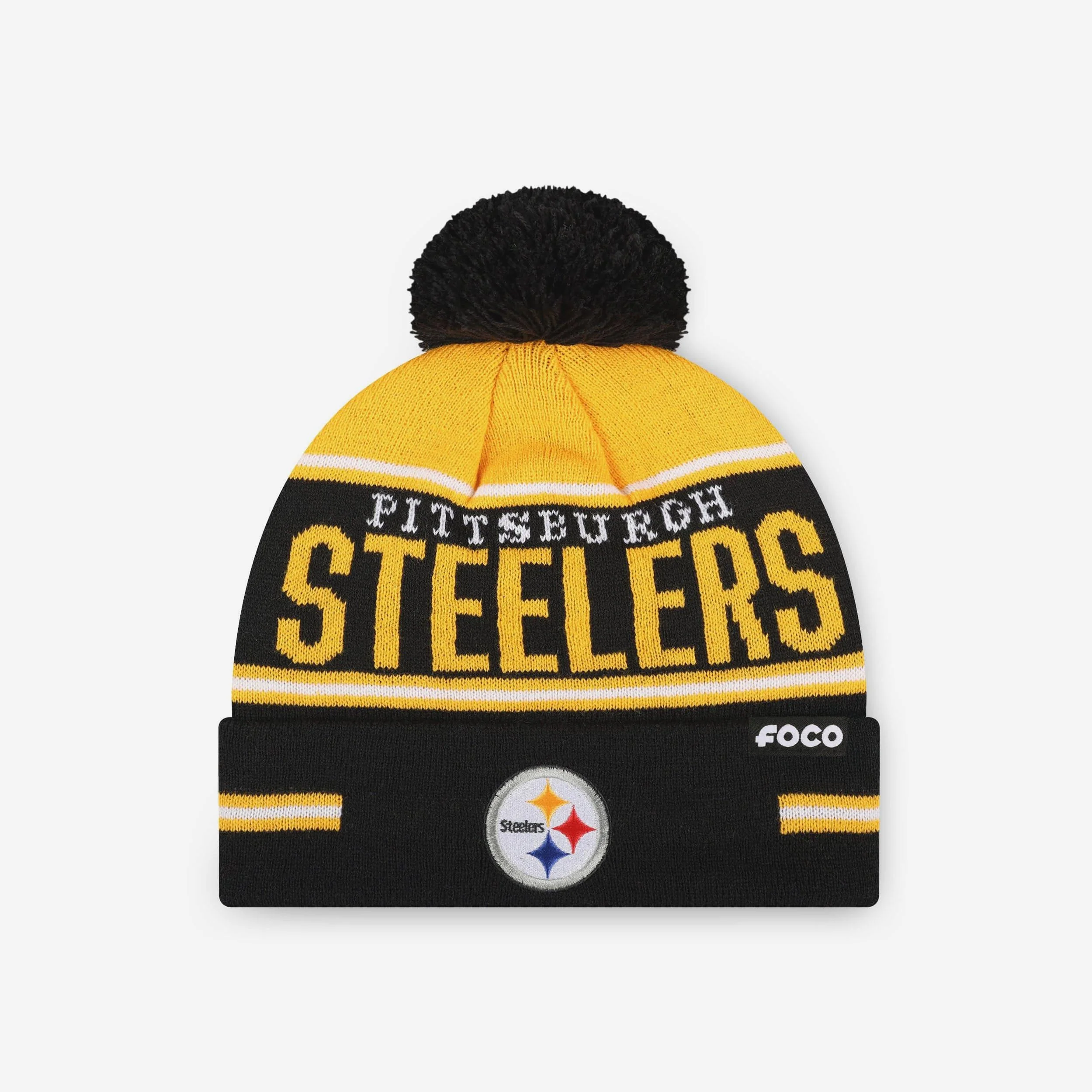 Pittsburgh Steelers Big Wordmark Stripe Pom Beanie