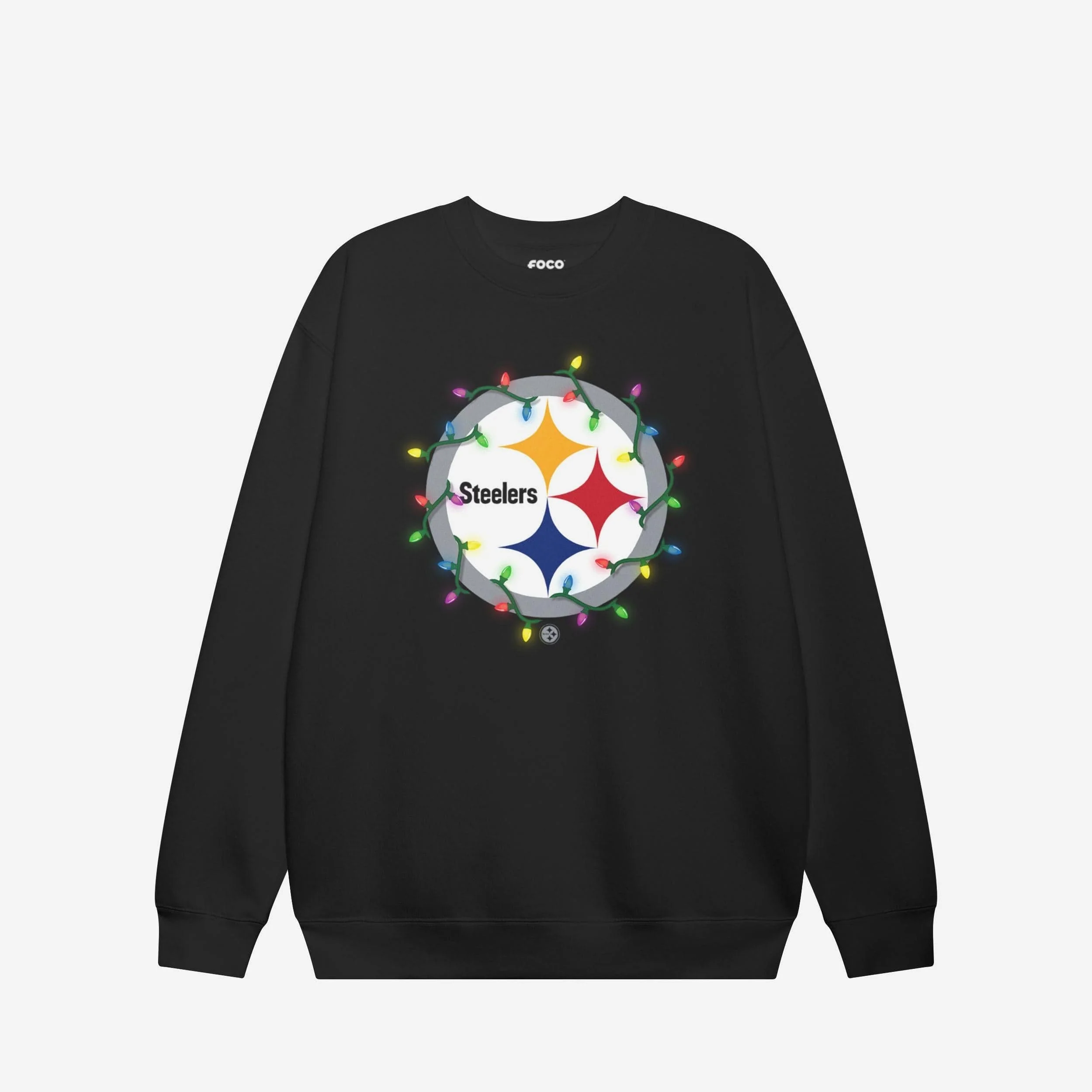 Pittsburgh Steelers Primary Logo Holiday Lights Crew Neck Sweatshirt