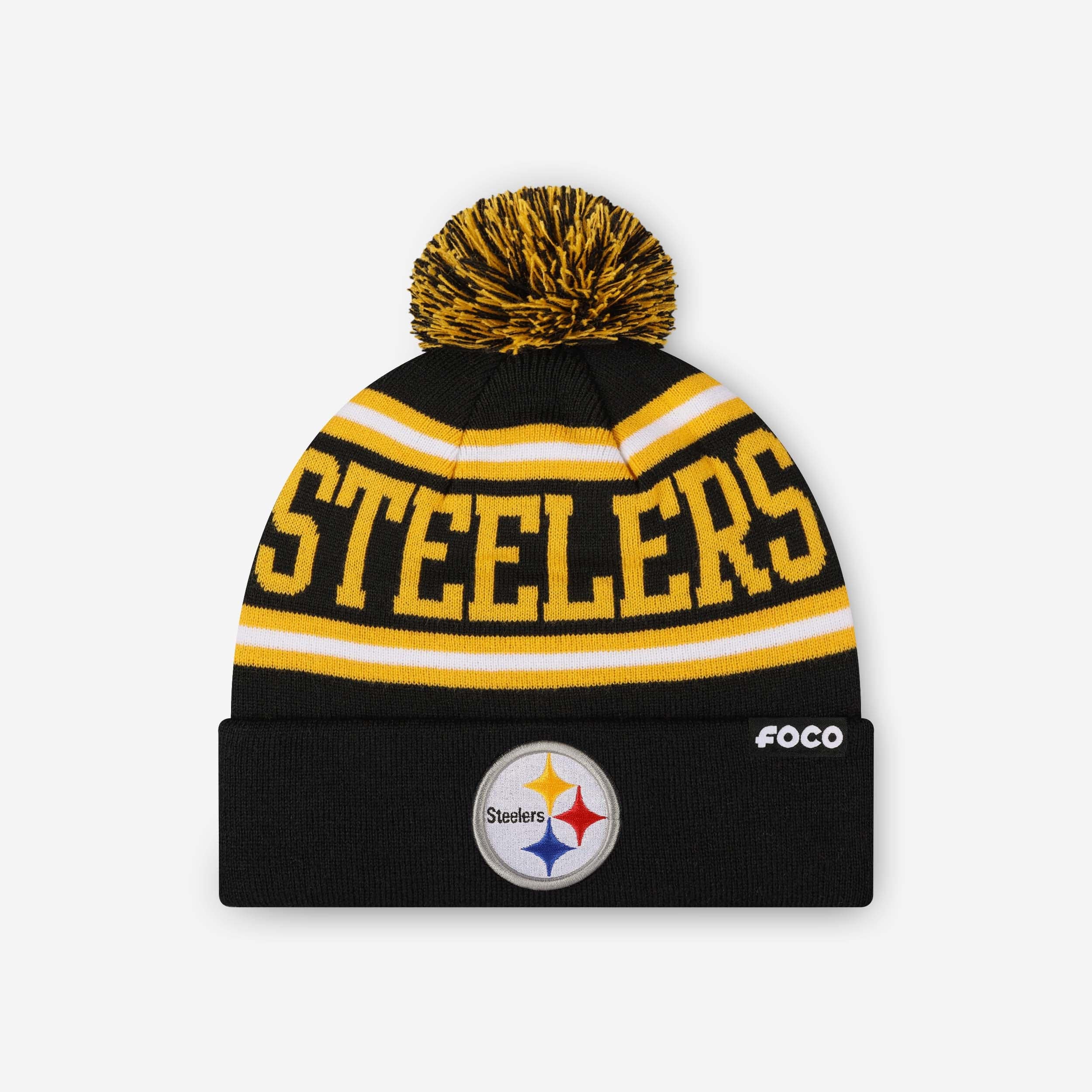 Pittsburgh Steelers Primary Logo Stripe Pom Beanie