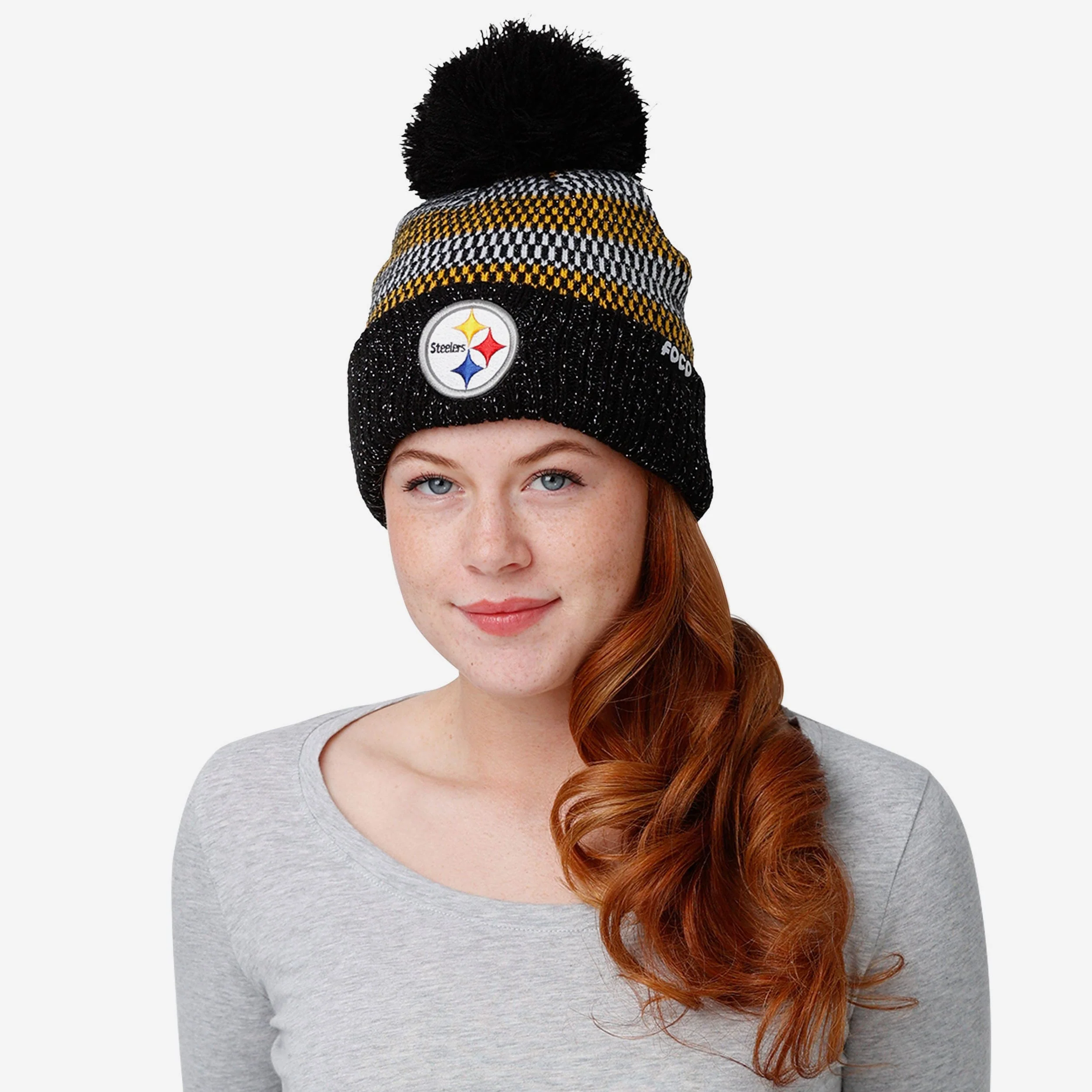 Pittsburgh Steelers Womens Cozy Knit Metallic Thread Pom Beanie - Image 3