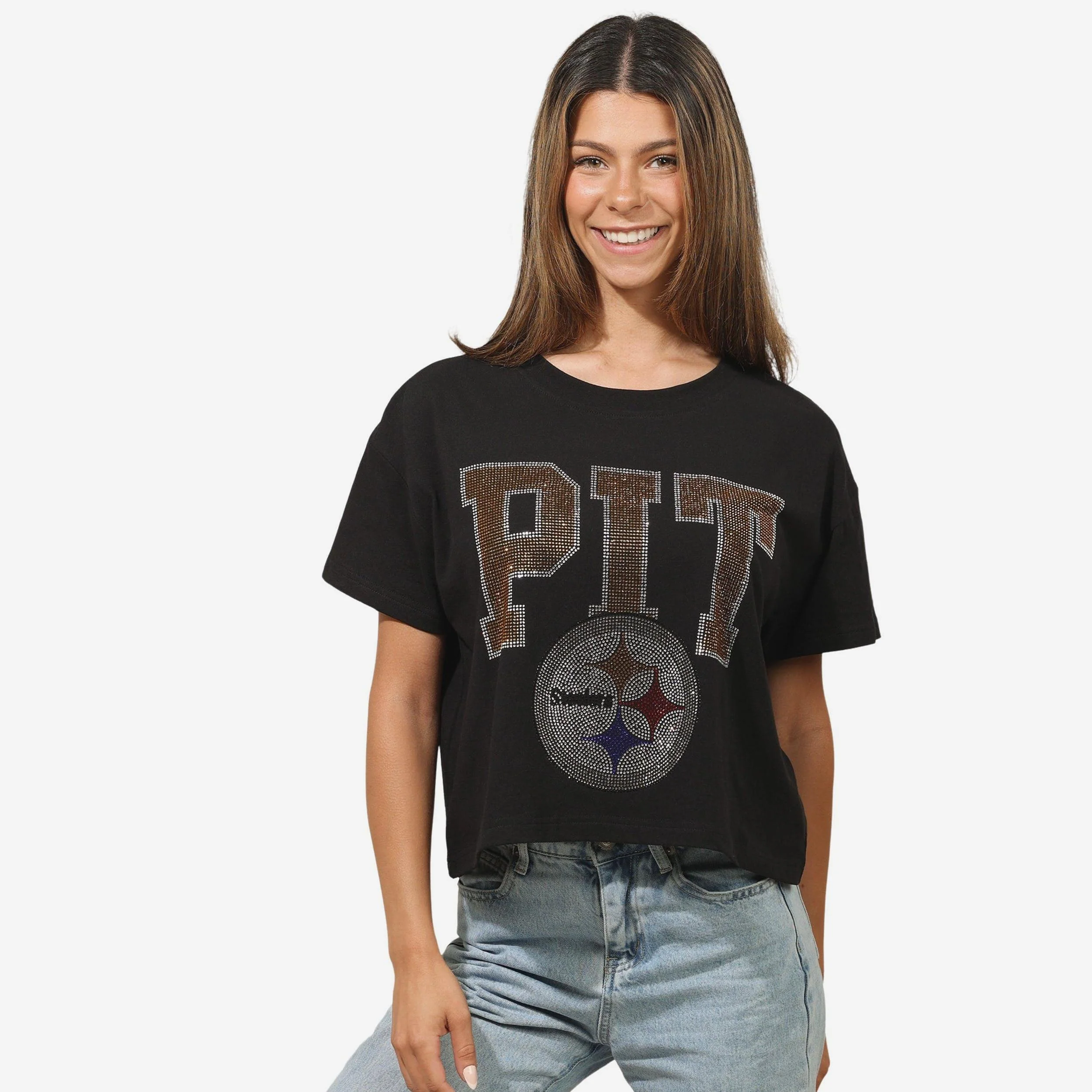 Pittsburgh Steelers Womens Rhinestone Logo Crop Top