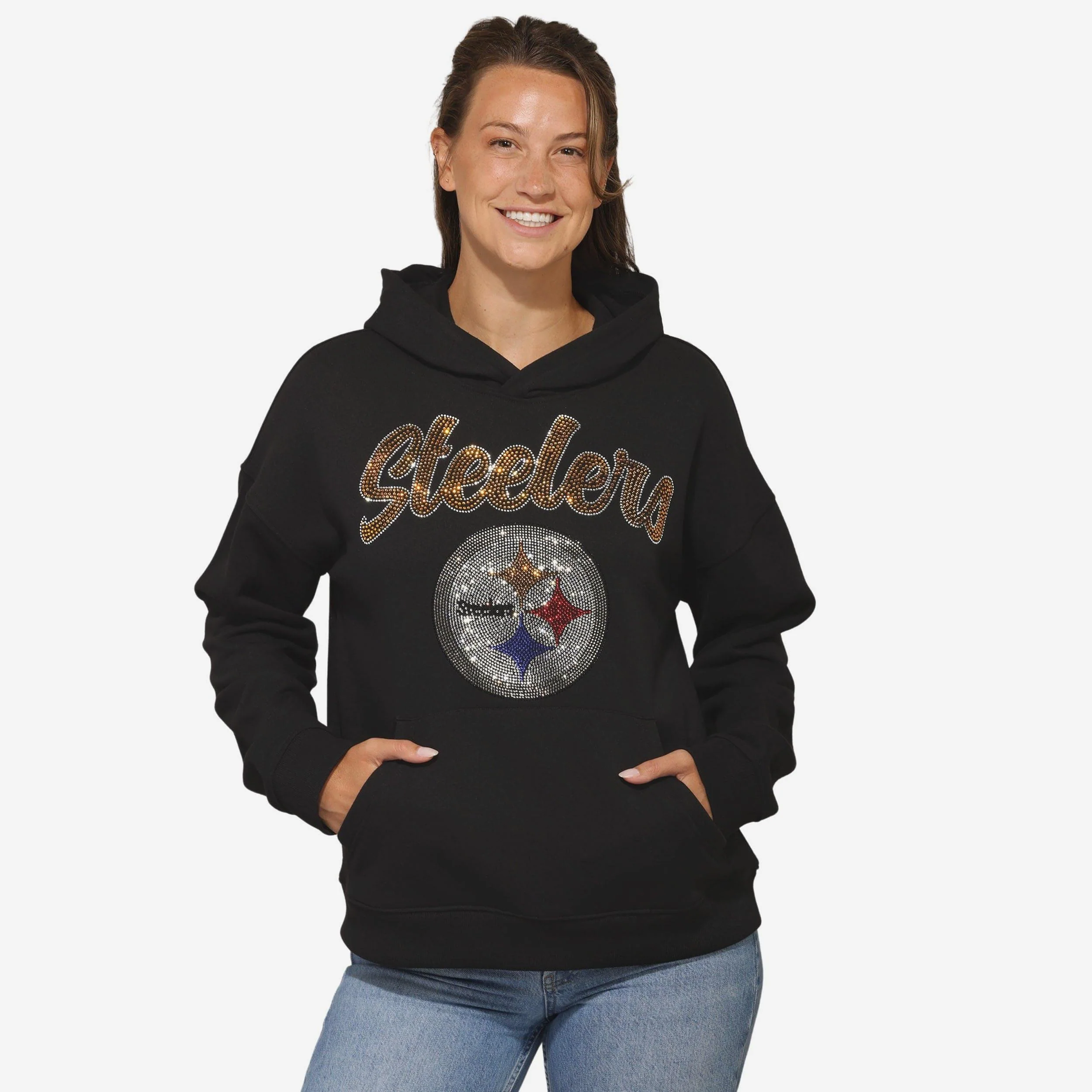 Pittsburgh Steelers Womens Rhinestone Logo Oversized Hoodie