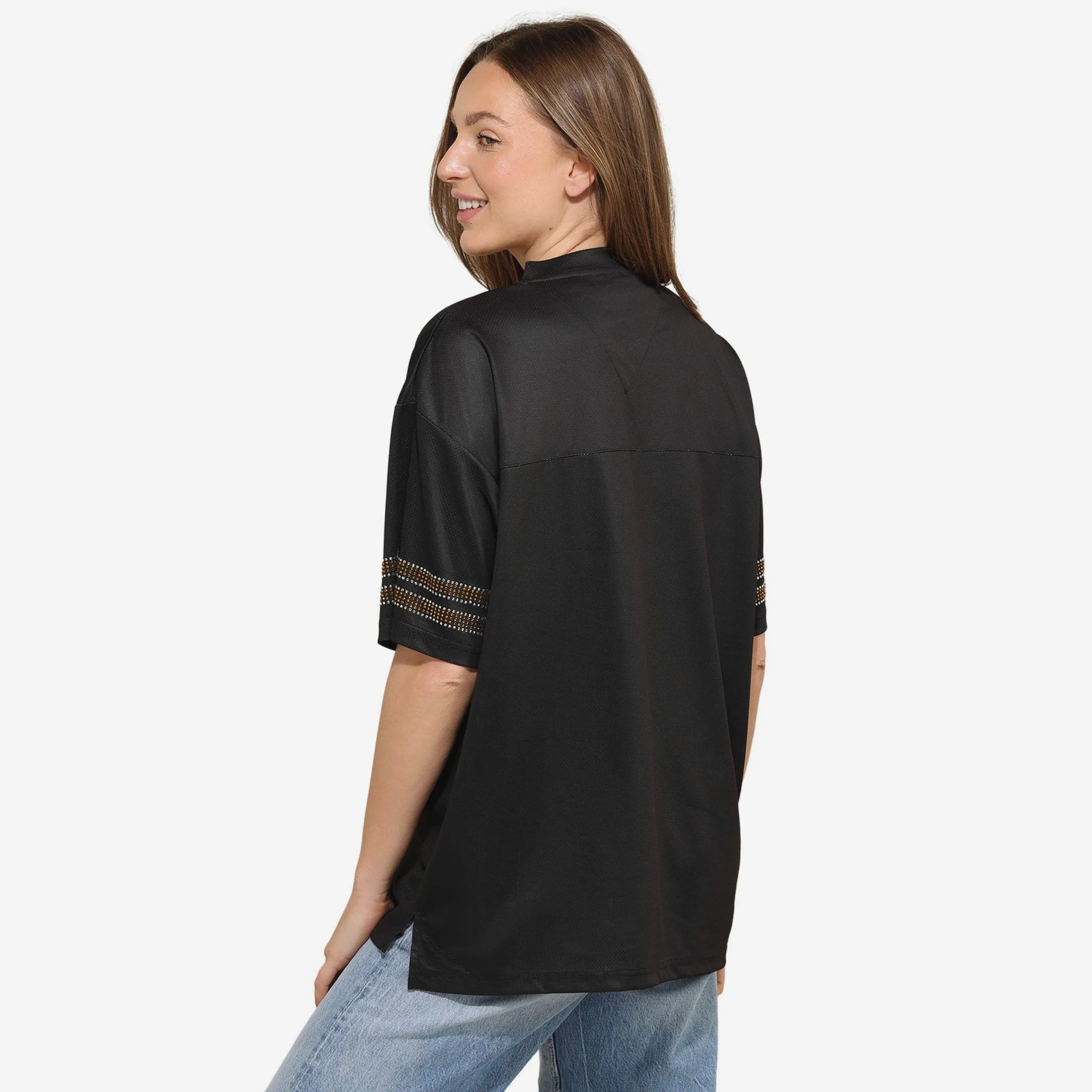 Pittsburgh Steelers Womens Rhinestone Logo Oversized V-Neck Mesh T-Shirt - Image 3