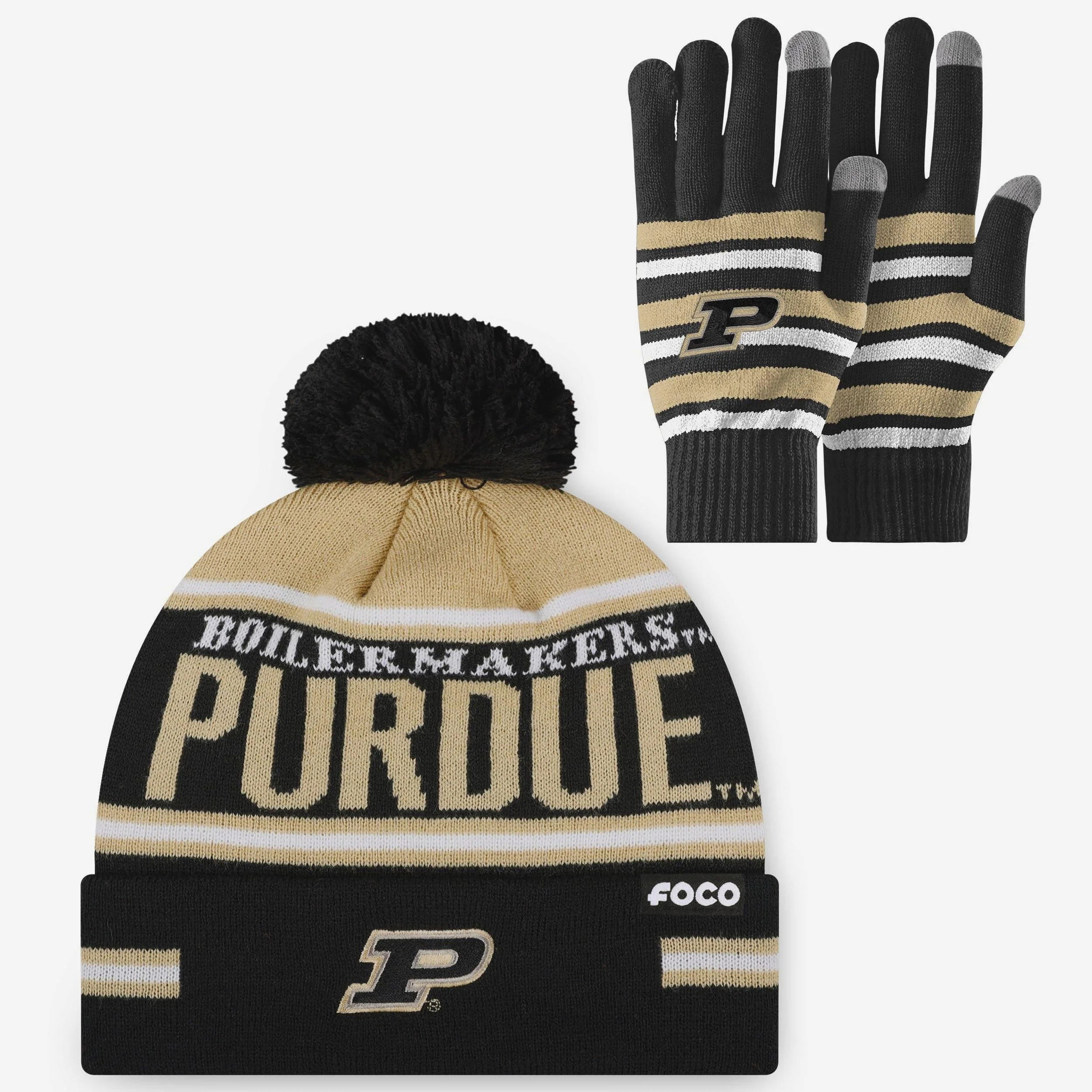 Purdue Boilermakers Stretch Glove & Big Wordmark Stripe Pom Beanie Set