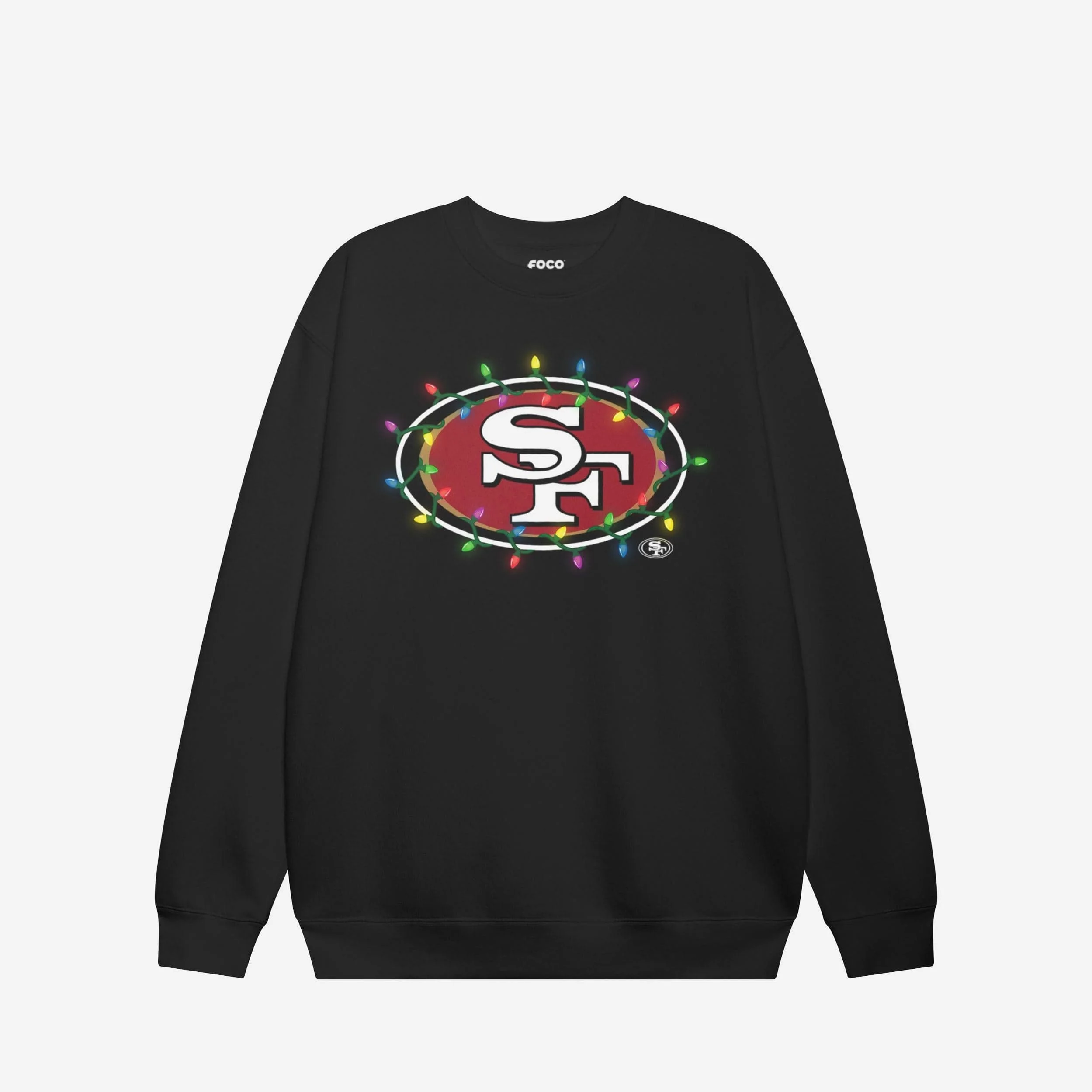 San Francisco 49ers Primary Logo Holiday Lights Crew Neck Sweatshirt