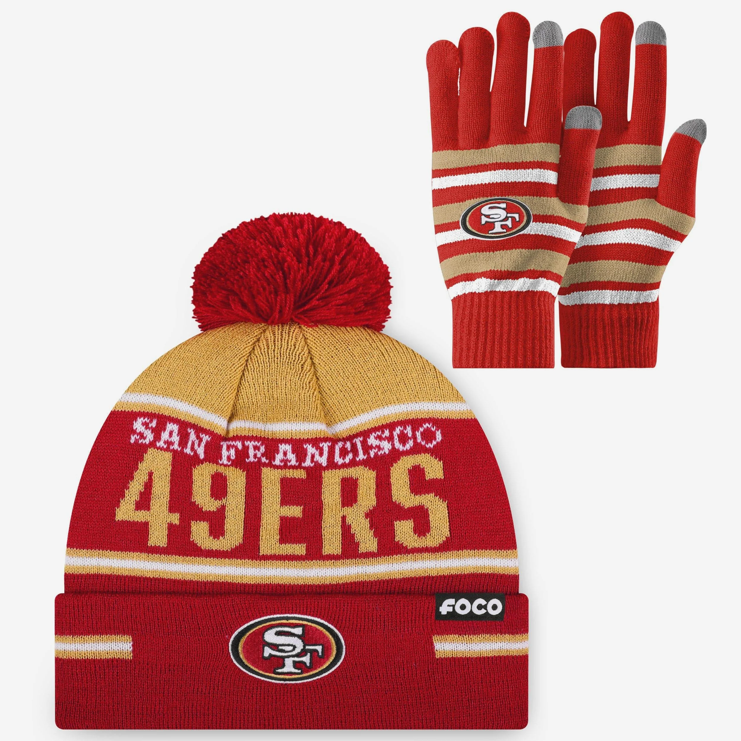 San Francisco 49ers Stretch Glove & Big Wordmark Stripe Pom Beanie Set