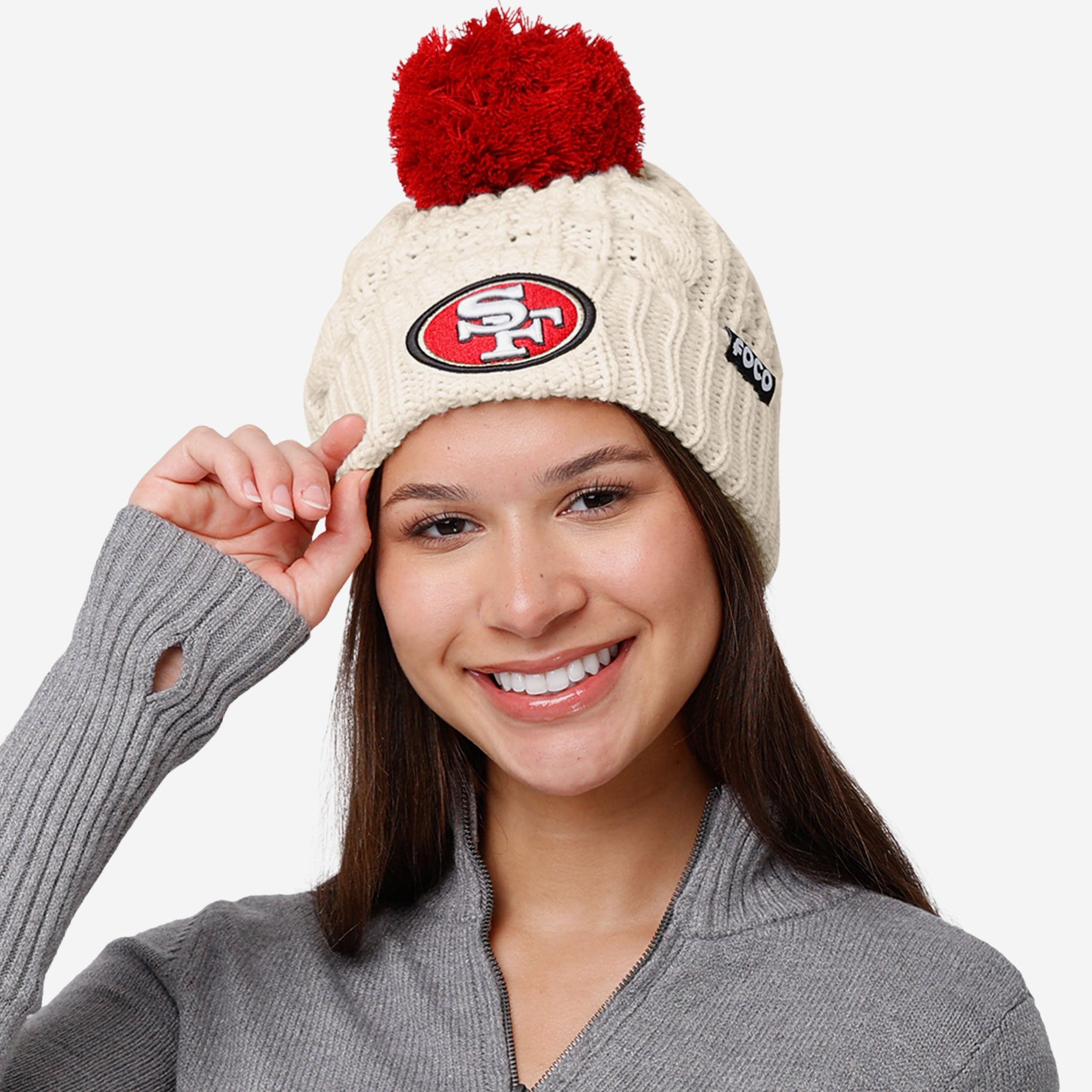 San Francisco 49ers Womens Primary Logo White Cable Knit Pom Beanie - Image 3