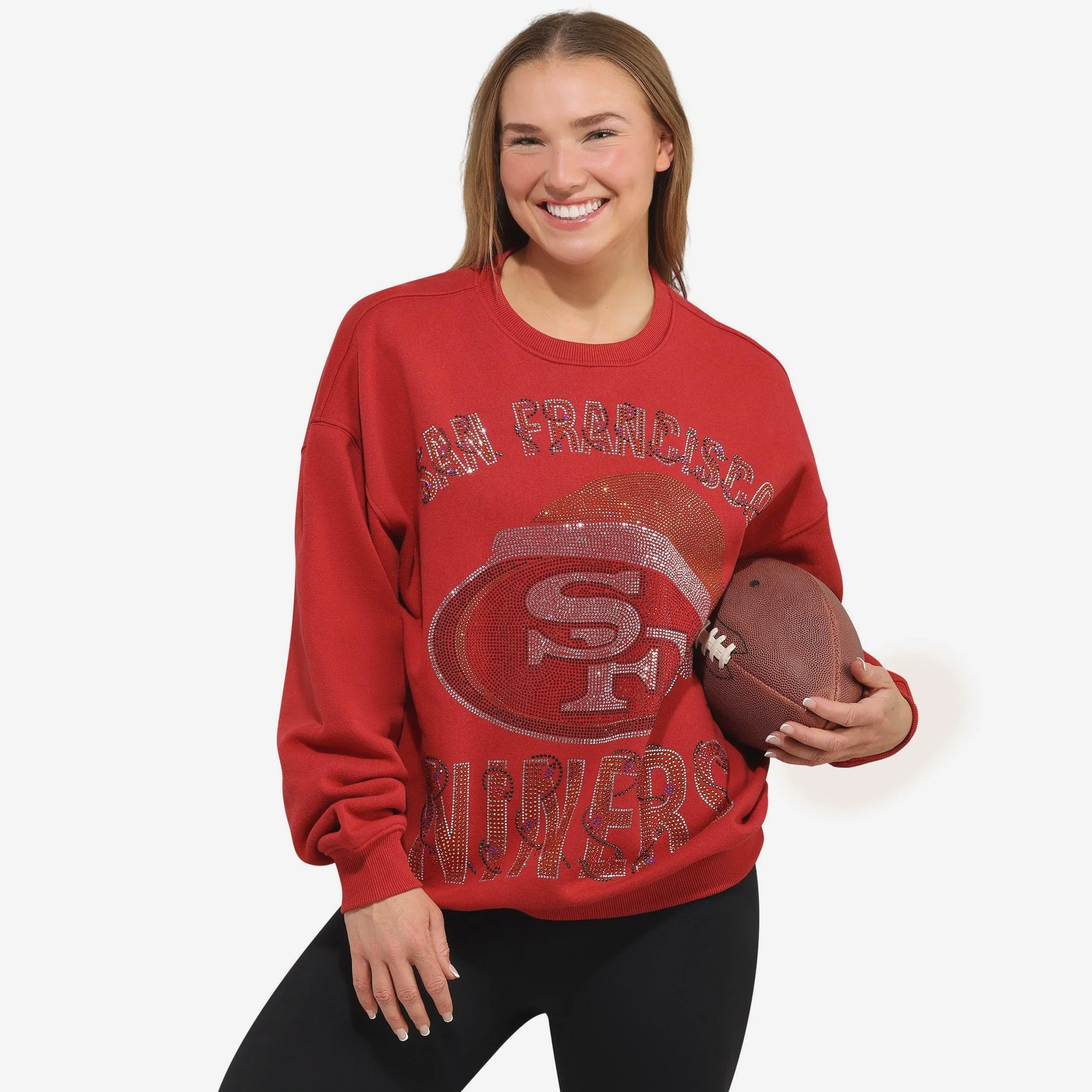 San Francisco 49ers Womens Rhinestone Logo Oversized Holiday Crew Neck Sweatshirt