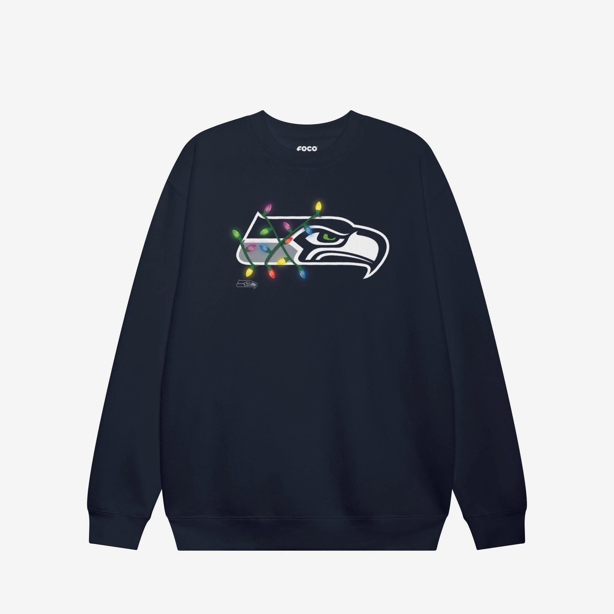 Seattle Seahawks Primary Logo Holiday Lights Crew Neck Sweatshirt - Image 3