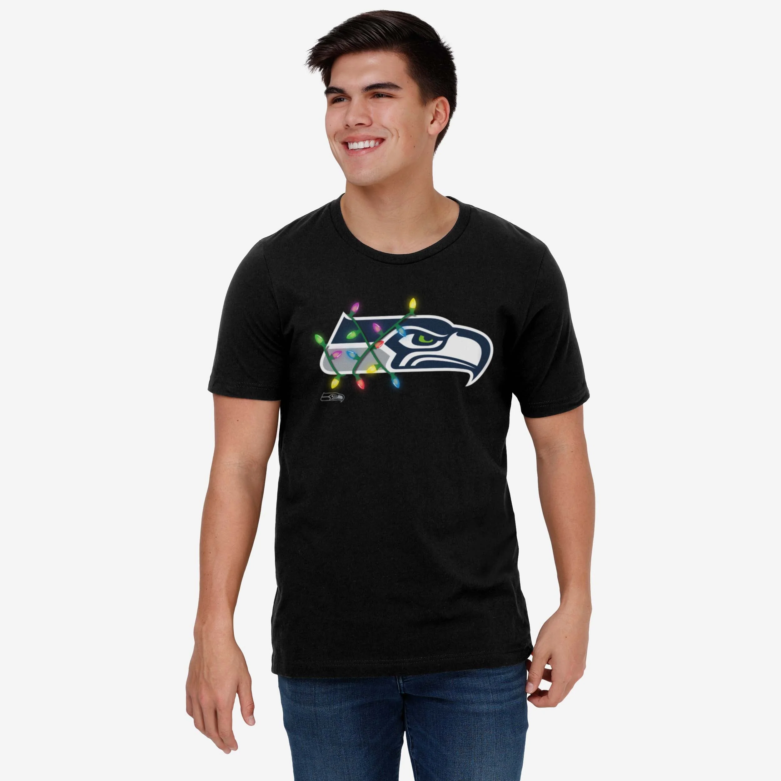 Seattle Seahawks Primary Logo Holiday Lights T-Shirt - Image 6