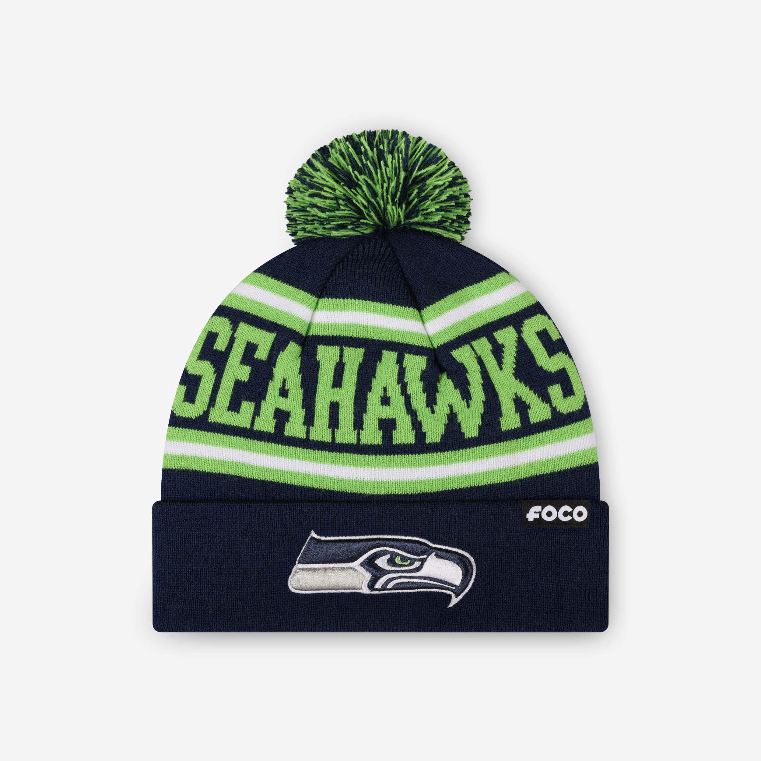 Seattle Seahawks Primary Logo Stripe Pom Beanie