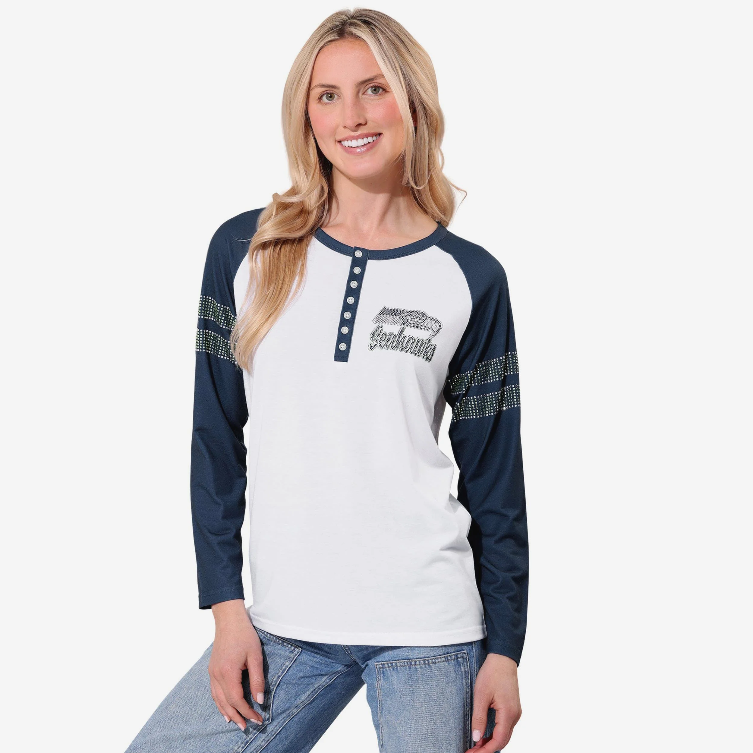 Seattle Seahawks Rhinestone Long Sleeve Henley