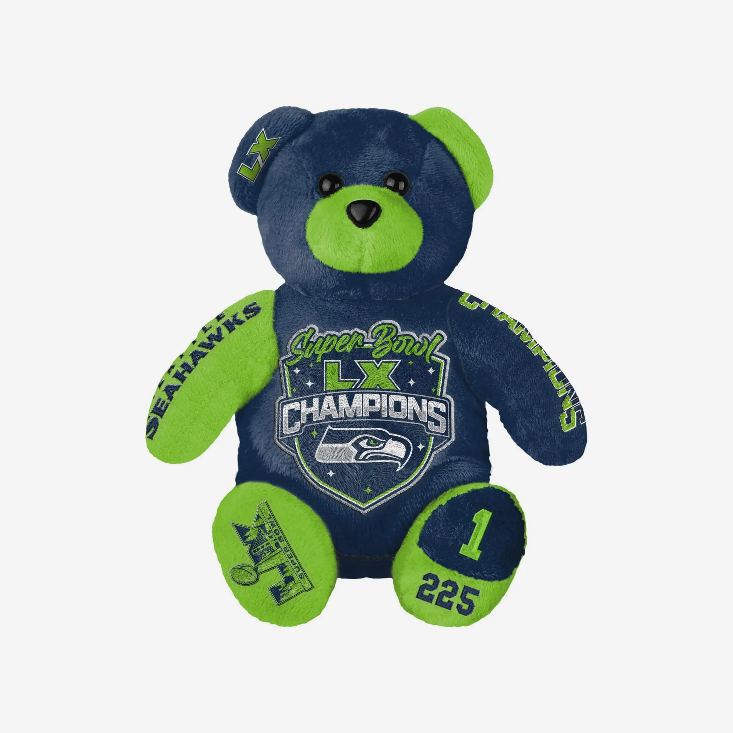 Seattle Seahawks Super Bowl LX Champions Team Beans Embroidered Bear - Image 3