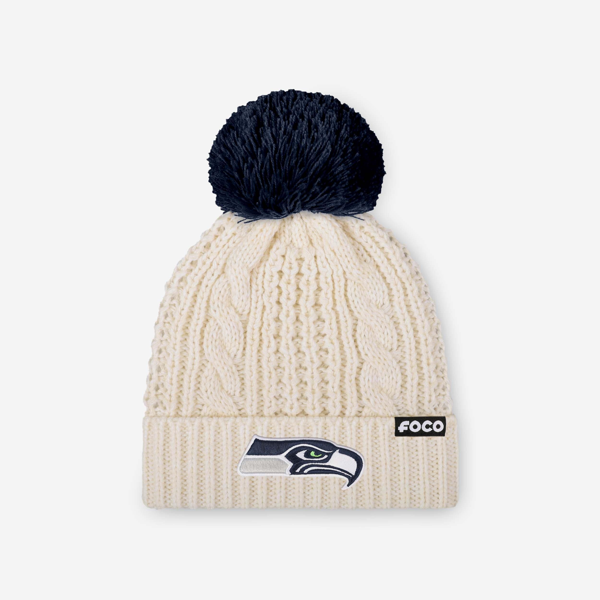 Seattle Seahawks Womens Primary Logo White Cable Knit Pom Beanie