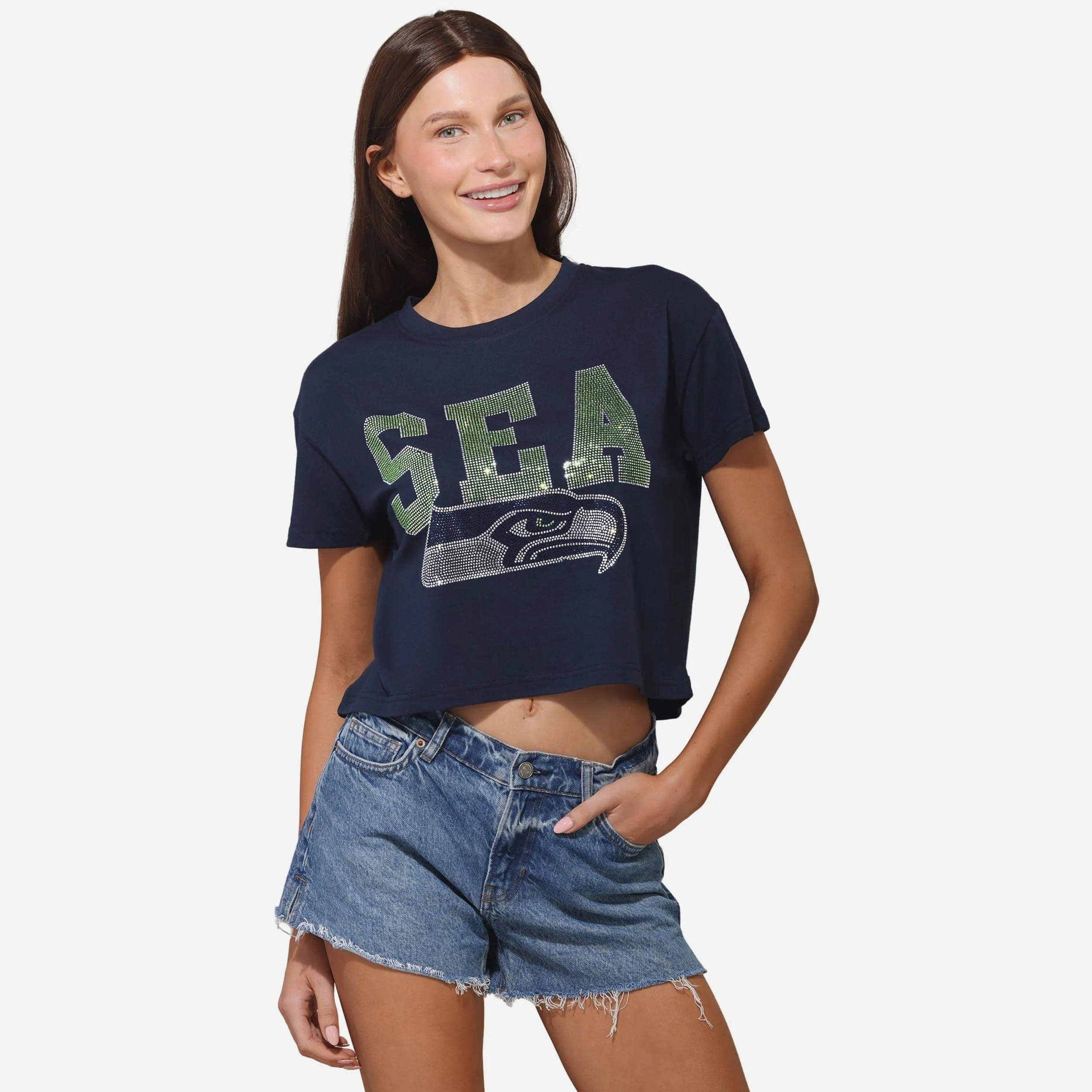 Seattle Seahawks Womens Rhinestone Logo Crop Top