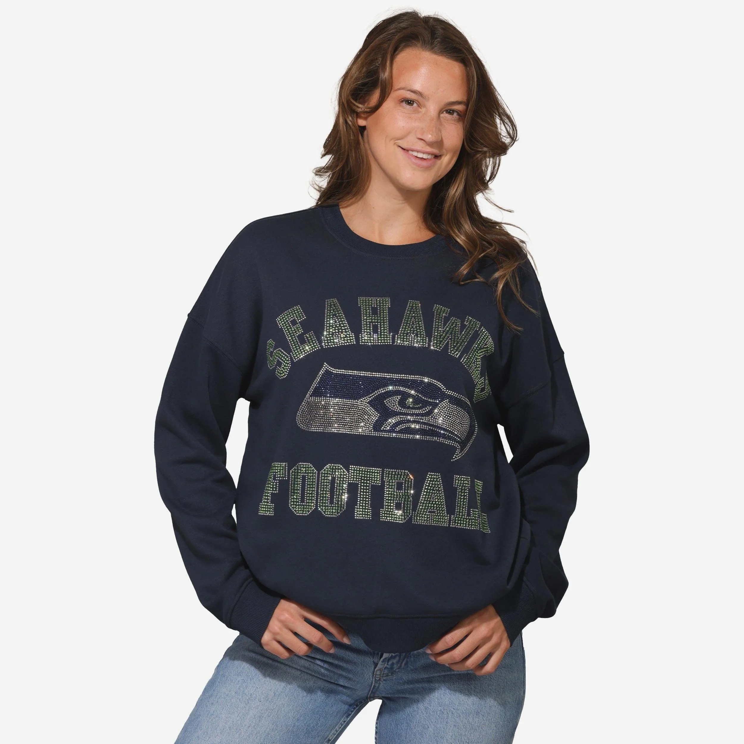 Seattle Seahawks Womens Rhinestone Logo Oversized Crew Neck Sweatshirt