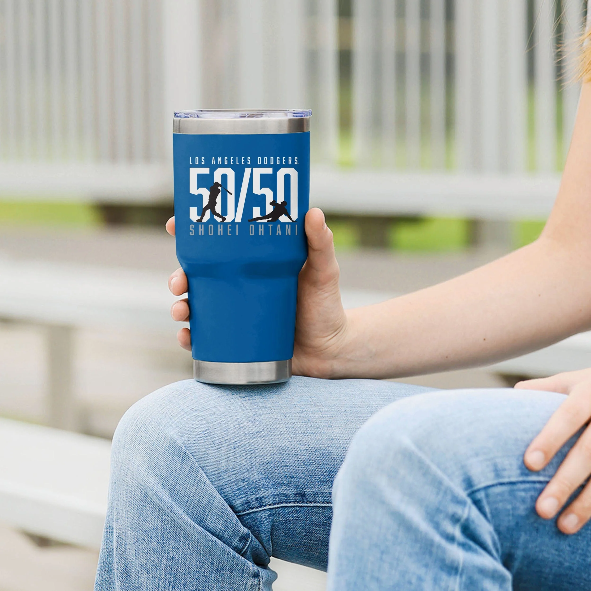 Shohei Ohtani Los Angeles Dodgers 50 Home Runs & 50 Stolen Bases Blue 30 oz Player Tumbler - Image 4