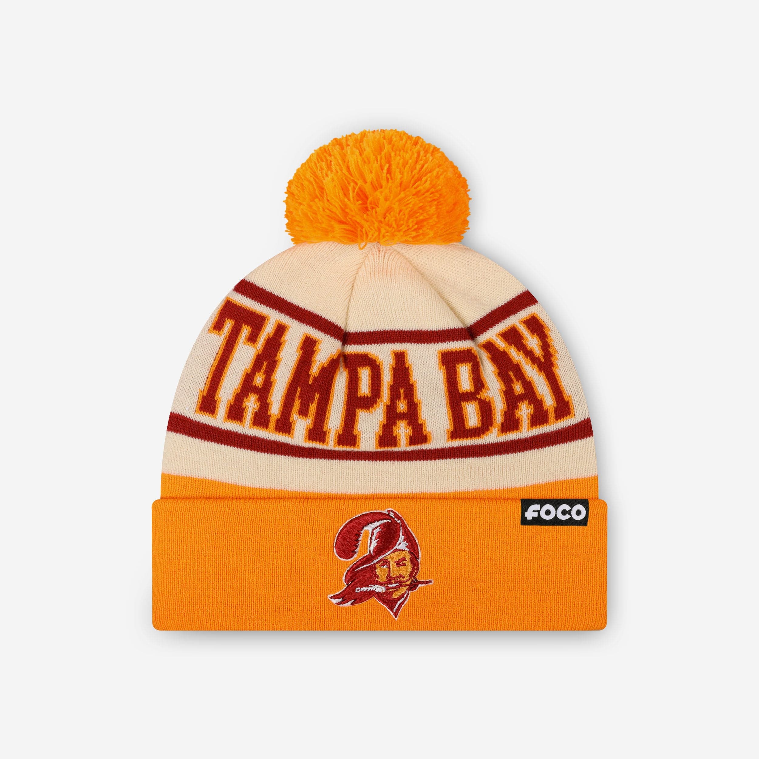 Tampa Bay Buccaneers Heritage Stripe Retro Logo Pom Beanie