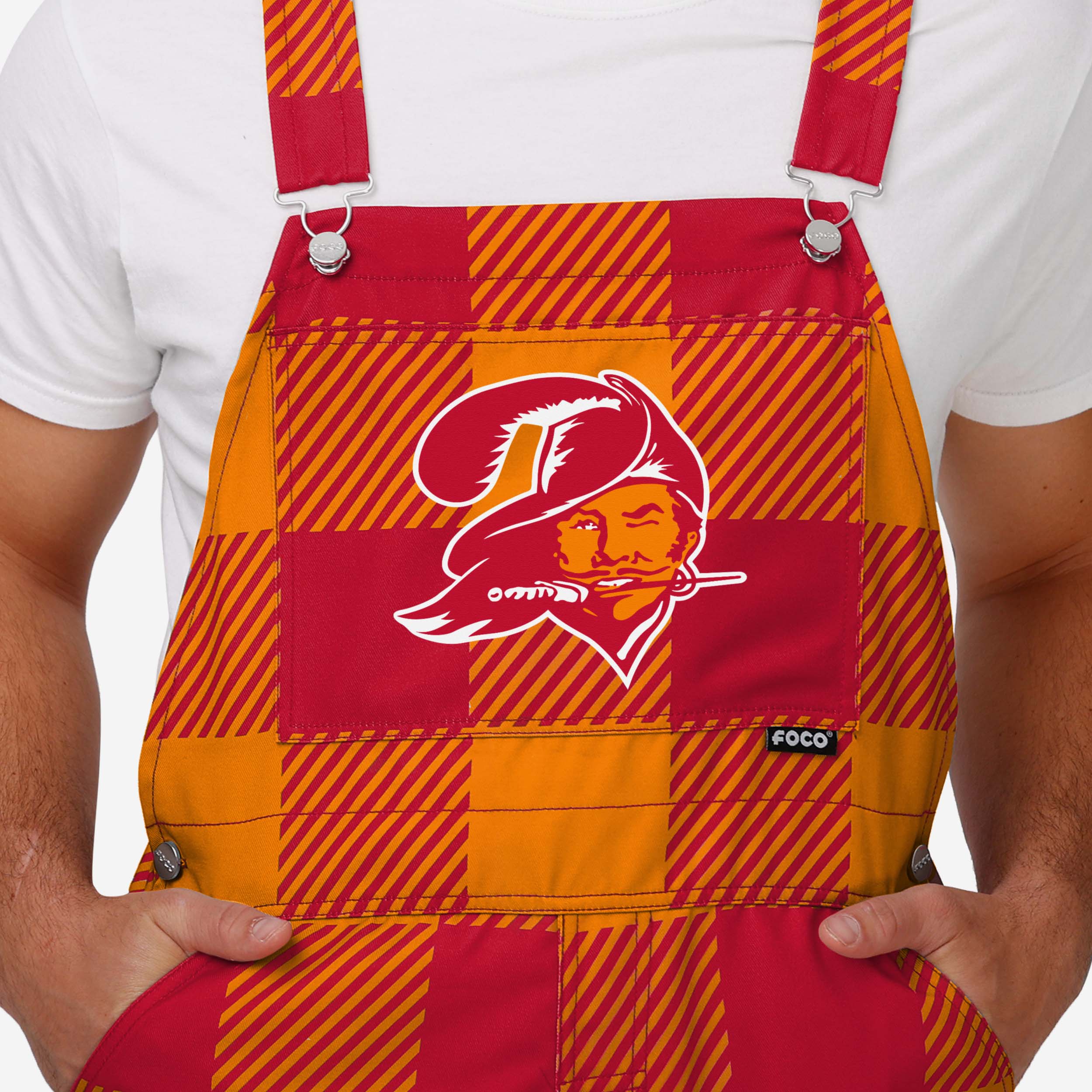 Tampa Bay Buccaneers Mens Creamsicle Plaid Thematic Bib Overalls - Image 4