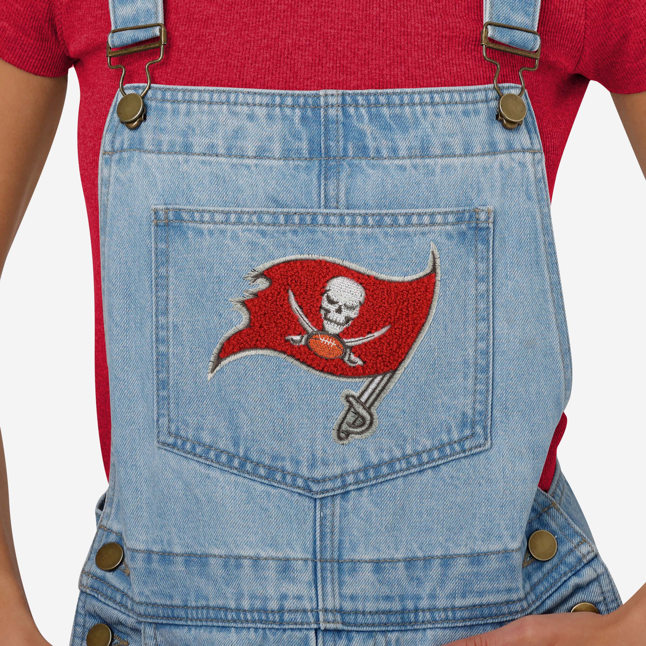 Tampa Bay Buccaneers Womens Big Logo Denim Bib Shortalls - Image 3