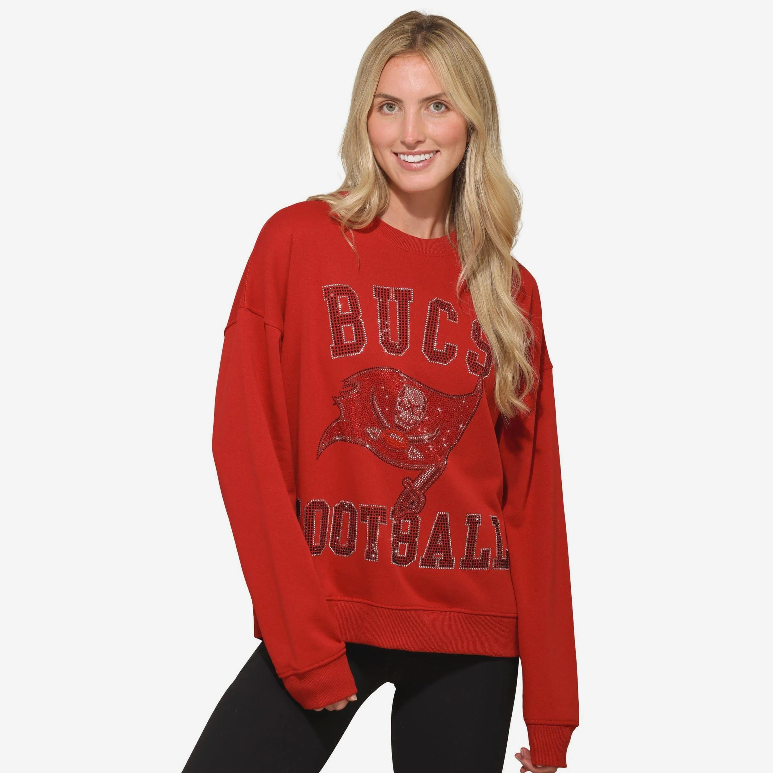 Tampa Bay Buccaneers Womens Rhinestone Logo Oversized Crew Neck Sweatshirt