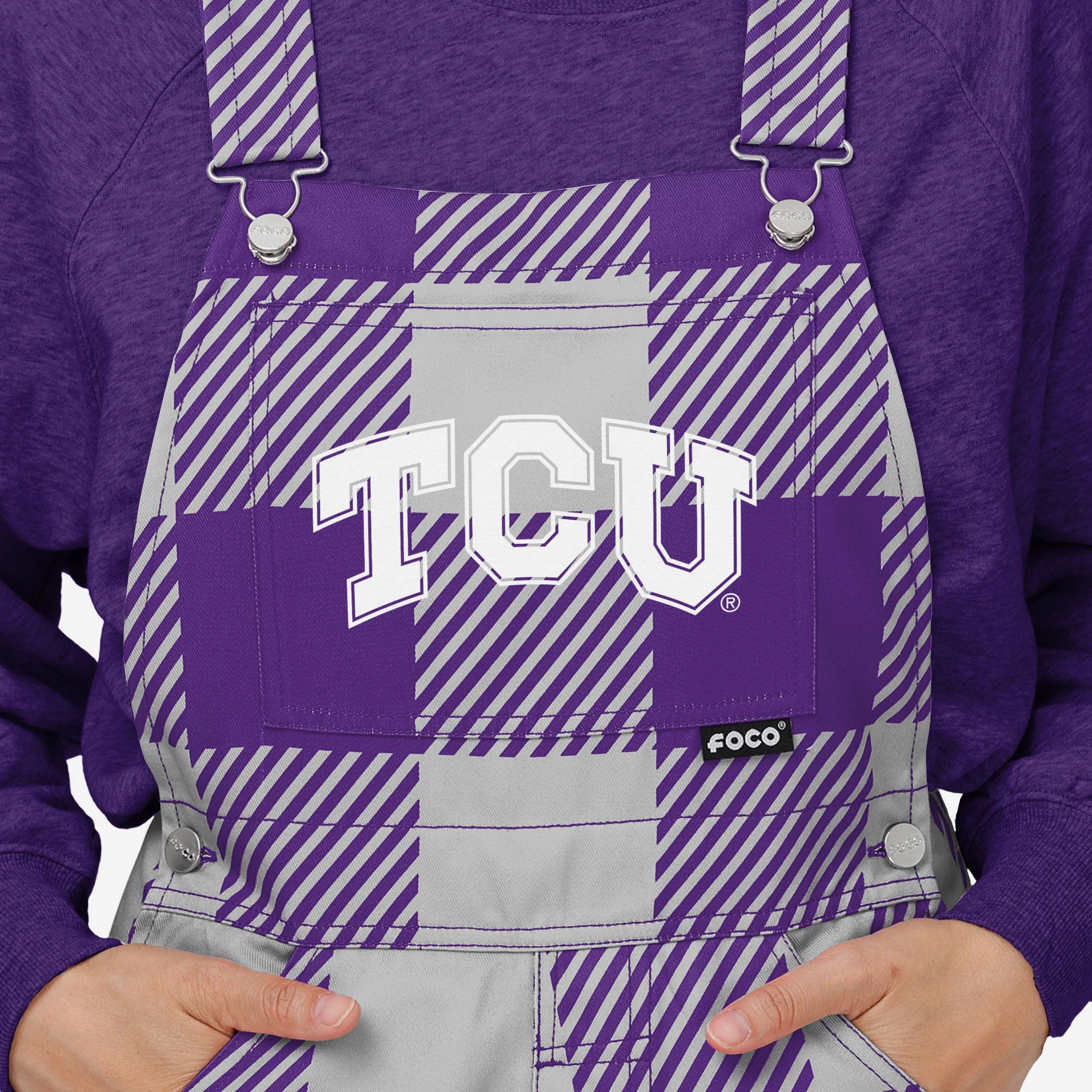 TCU Horned Frogs Womens Plaid Bib Overalls - Image 4