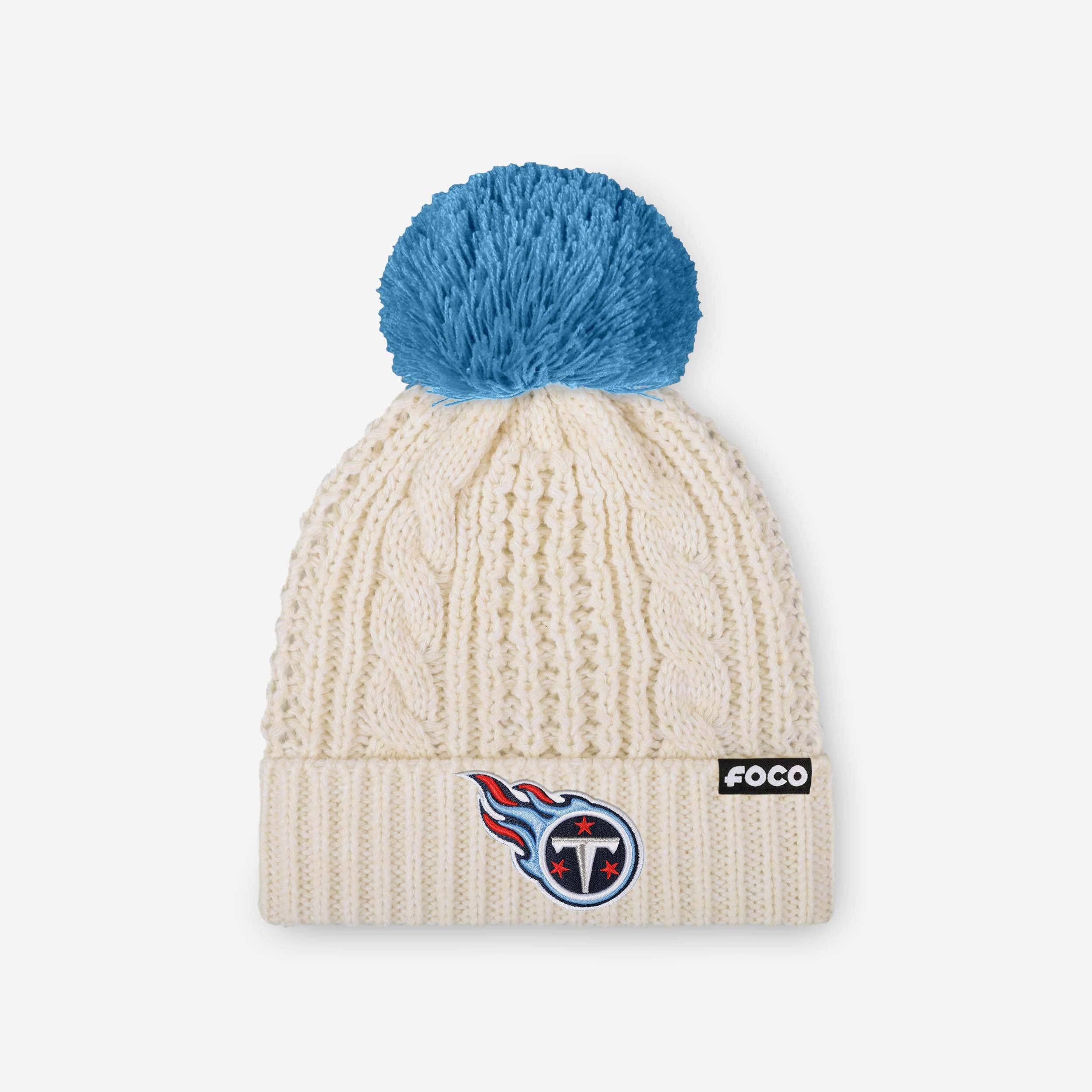 Tennessee Titans Womens Primary Logo White Cable Knit Pom Beanie