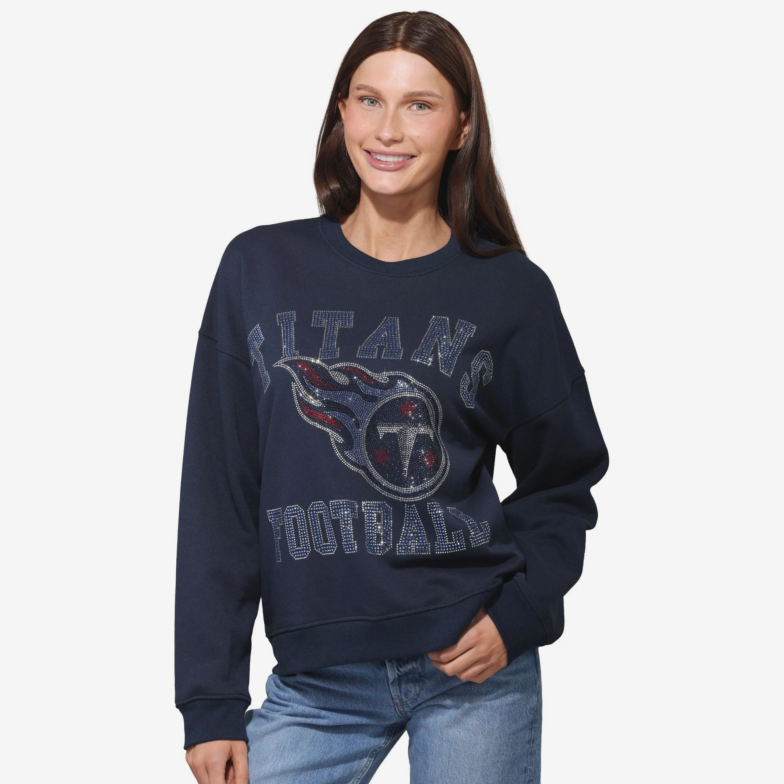 Tennessee Titans Womens Rhinestone Logo Oversized Crew Neck Sweatshirt