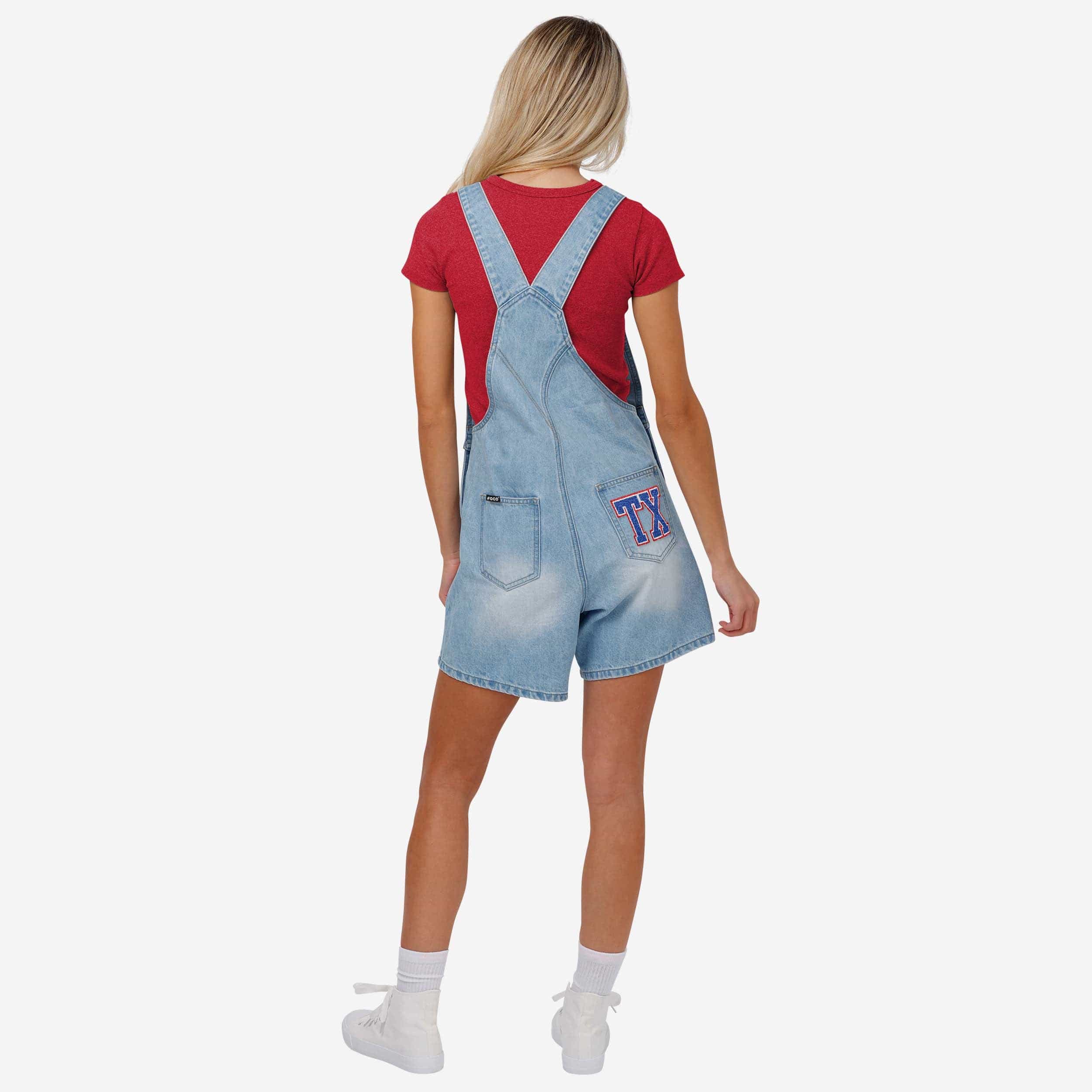 Texas Rangers Womens Big Logo Denim Bib Shortalls - Image 2