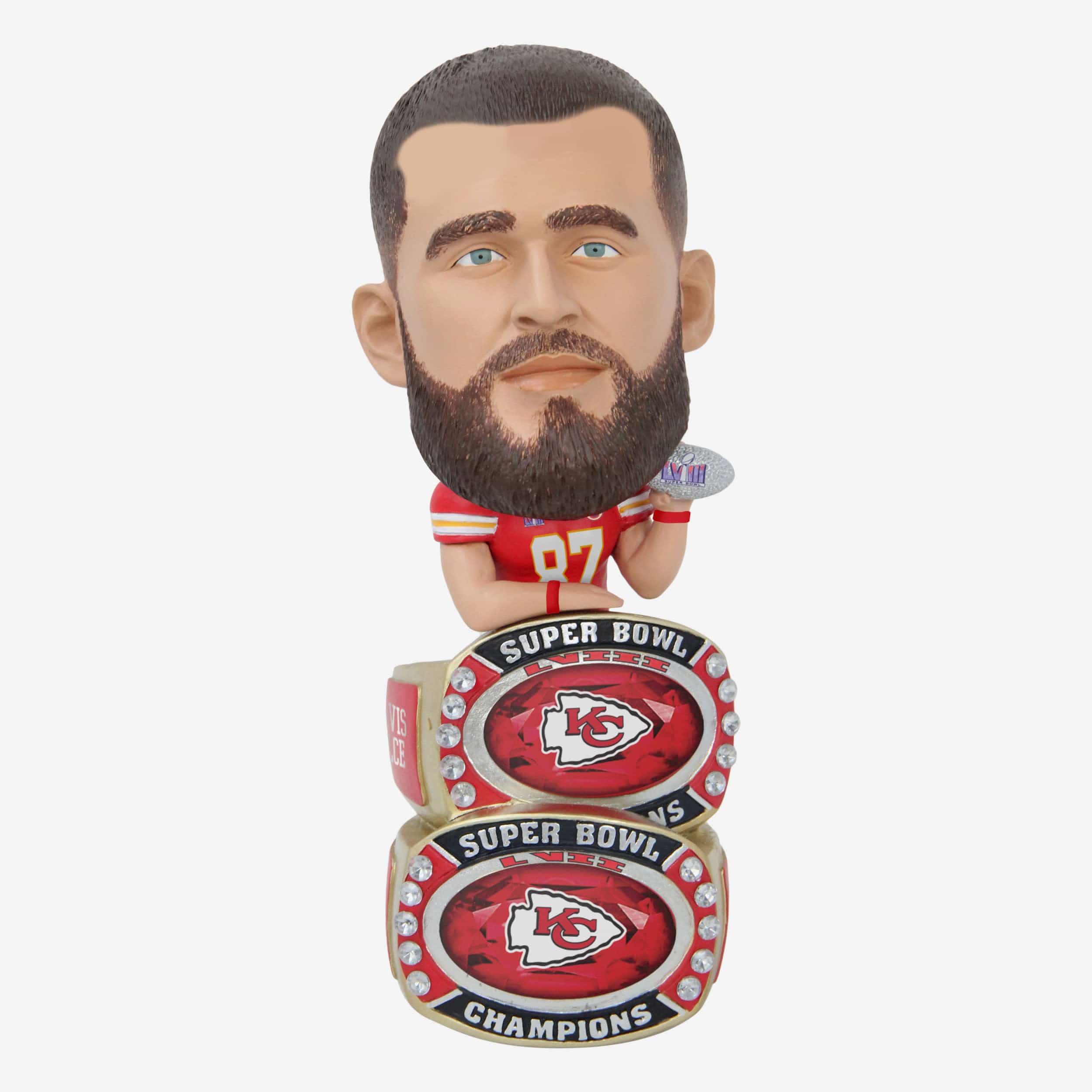 Travis Kelce Kansas City Chiefs Super Bowl LVIII Champions Double Ring Base Bighead Bobblehead