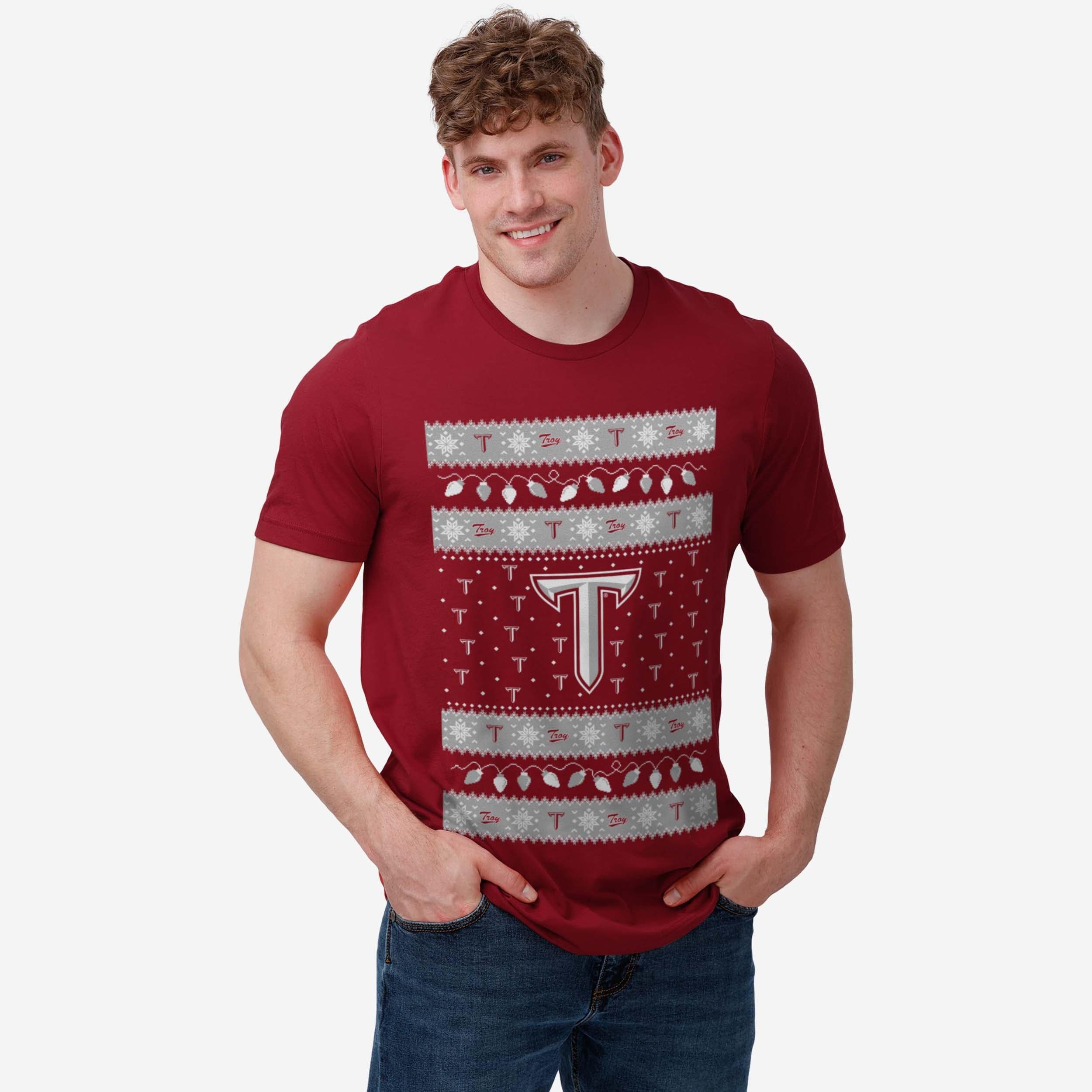 Troy Trojans Holiday Lights Sweater T-Shirt - Image 2