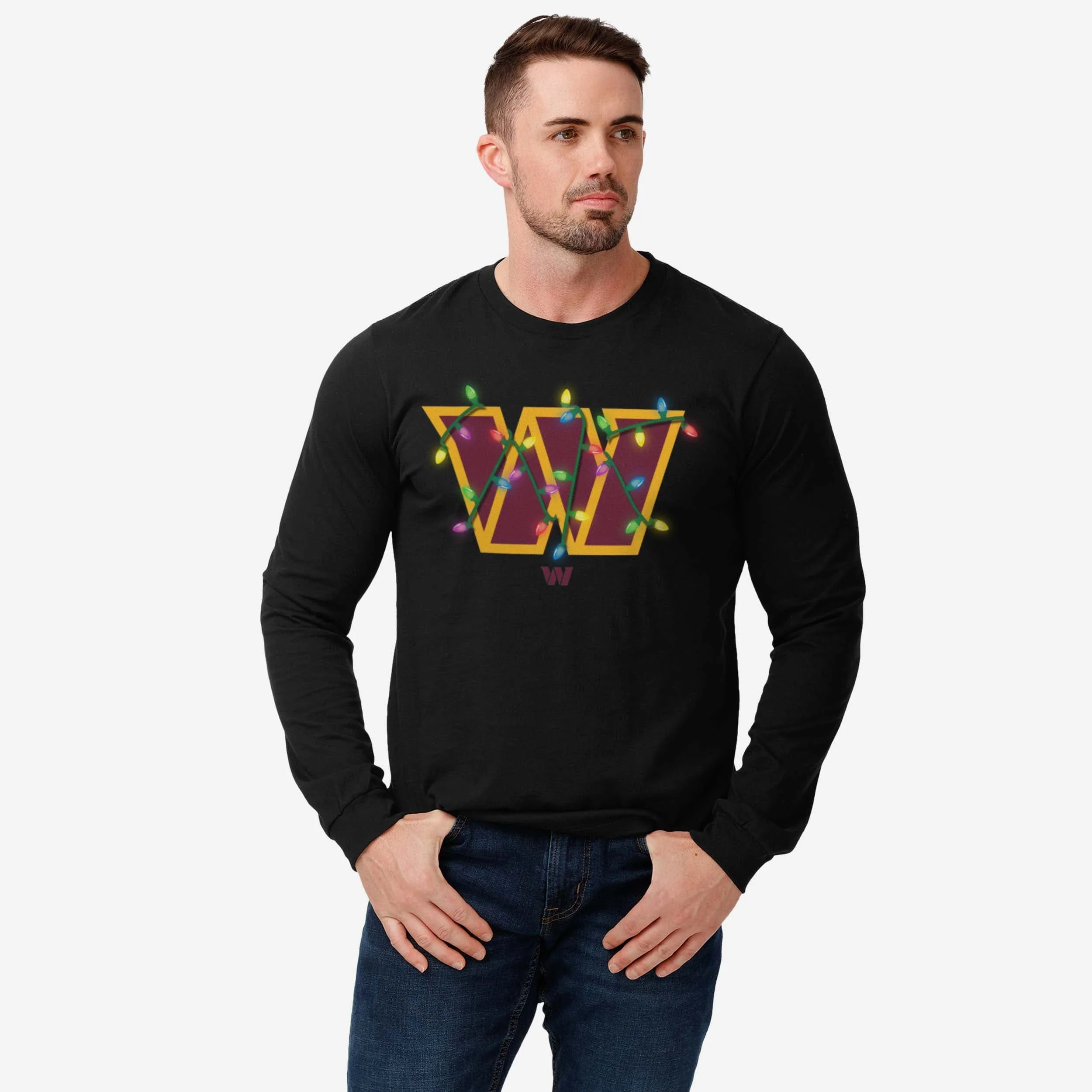 Washington Commanders Primary Logo Holiday Lights Long Sleeve T-Shirt - Image 2