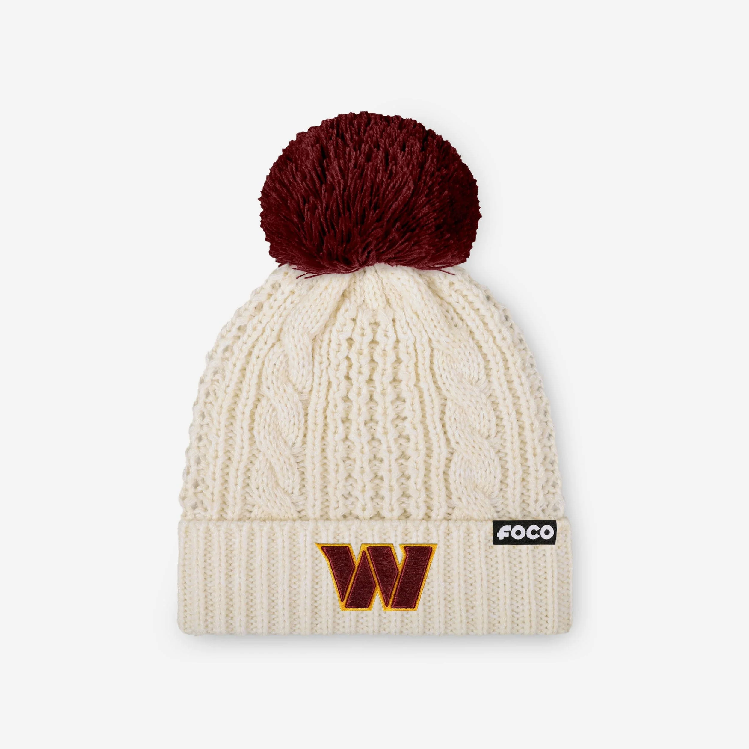 Washington Commanders Womens Primary Logo White Cable Knit Pom Beanie
