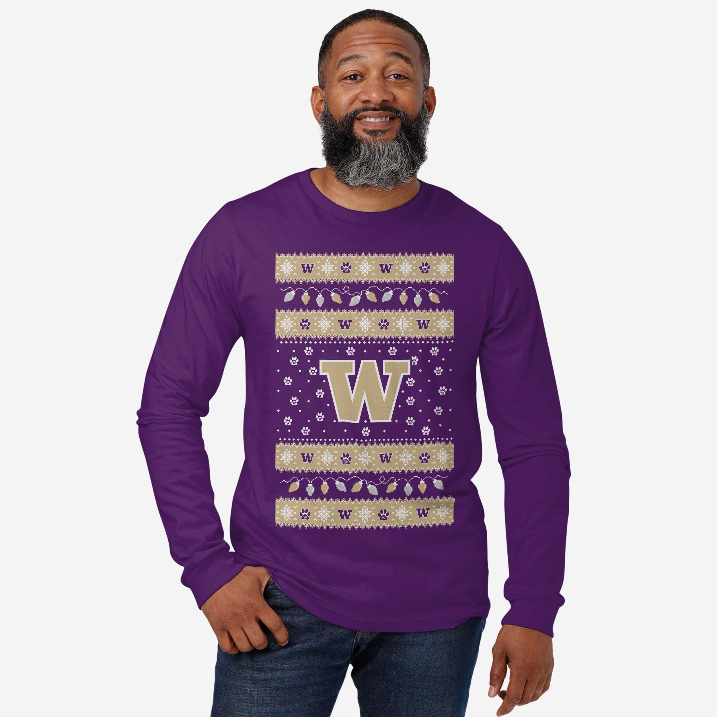 Washington Huskies Holiday Lights Sweater Long Sleeve T-Shirt - Image 2