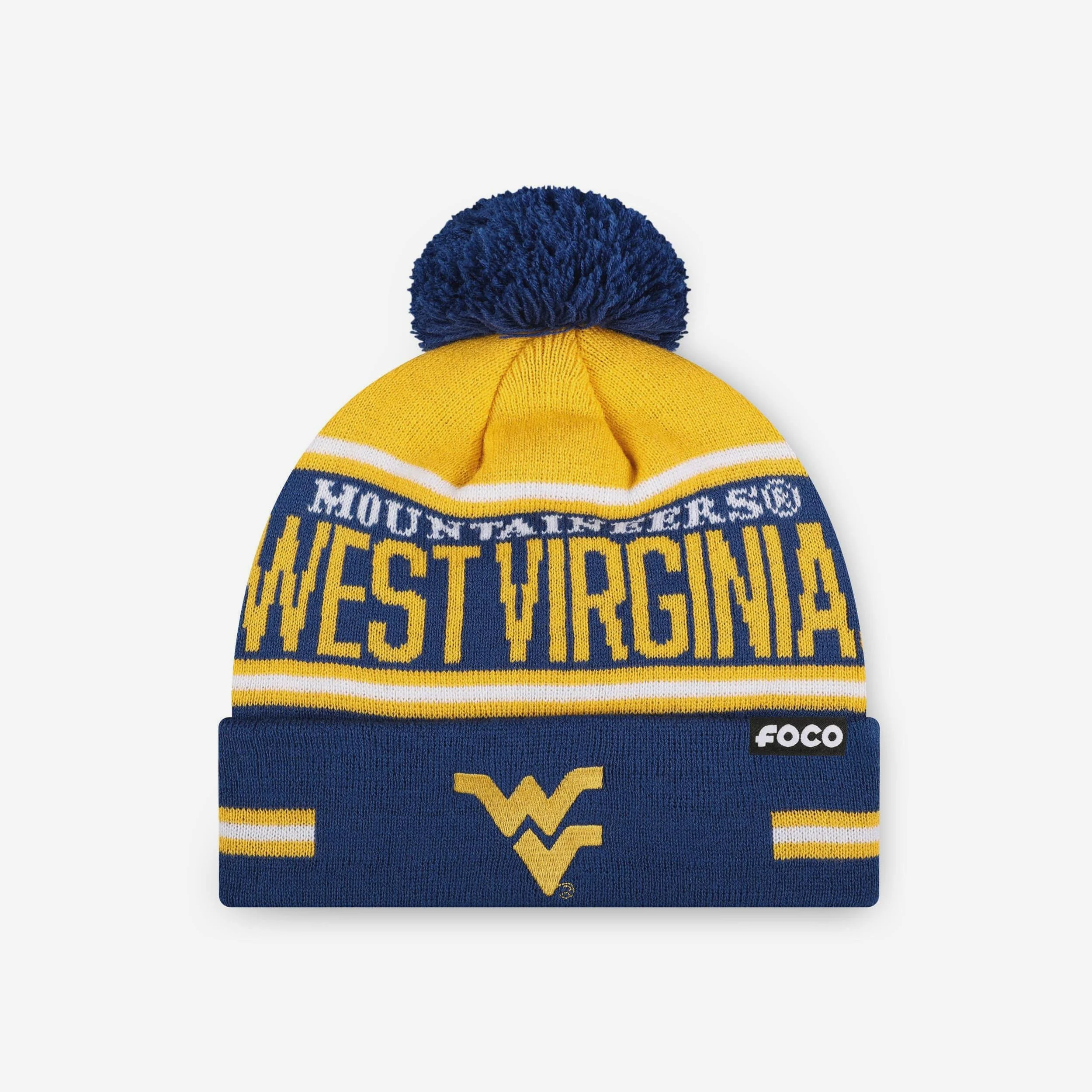 West Virginia Mountaineers Big Wordmark Stripe Pom Beanie