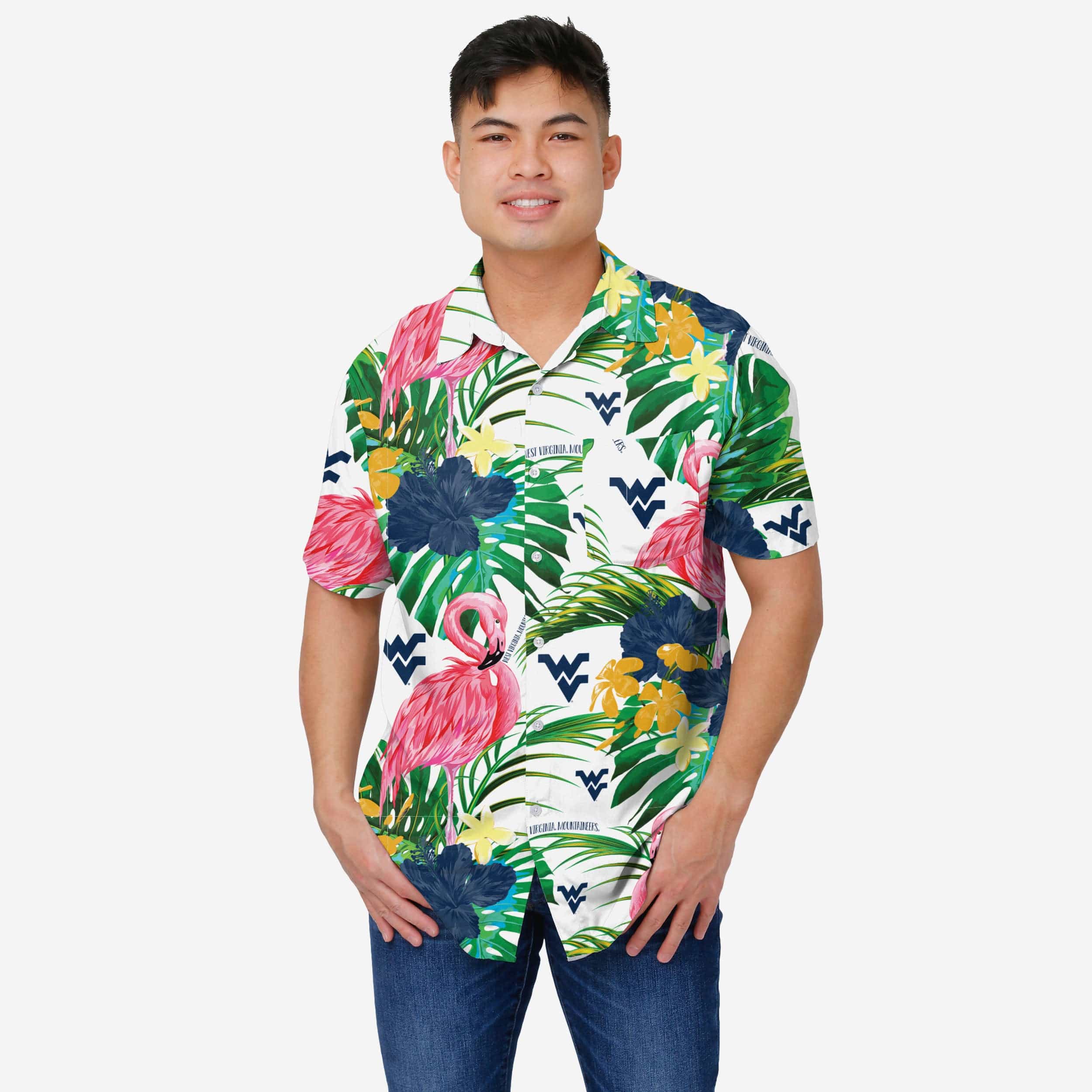 West Virginia Mountaineers Flamingo Button Up Shirt