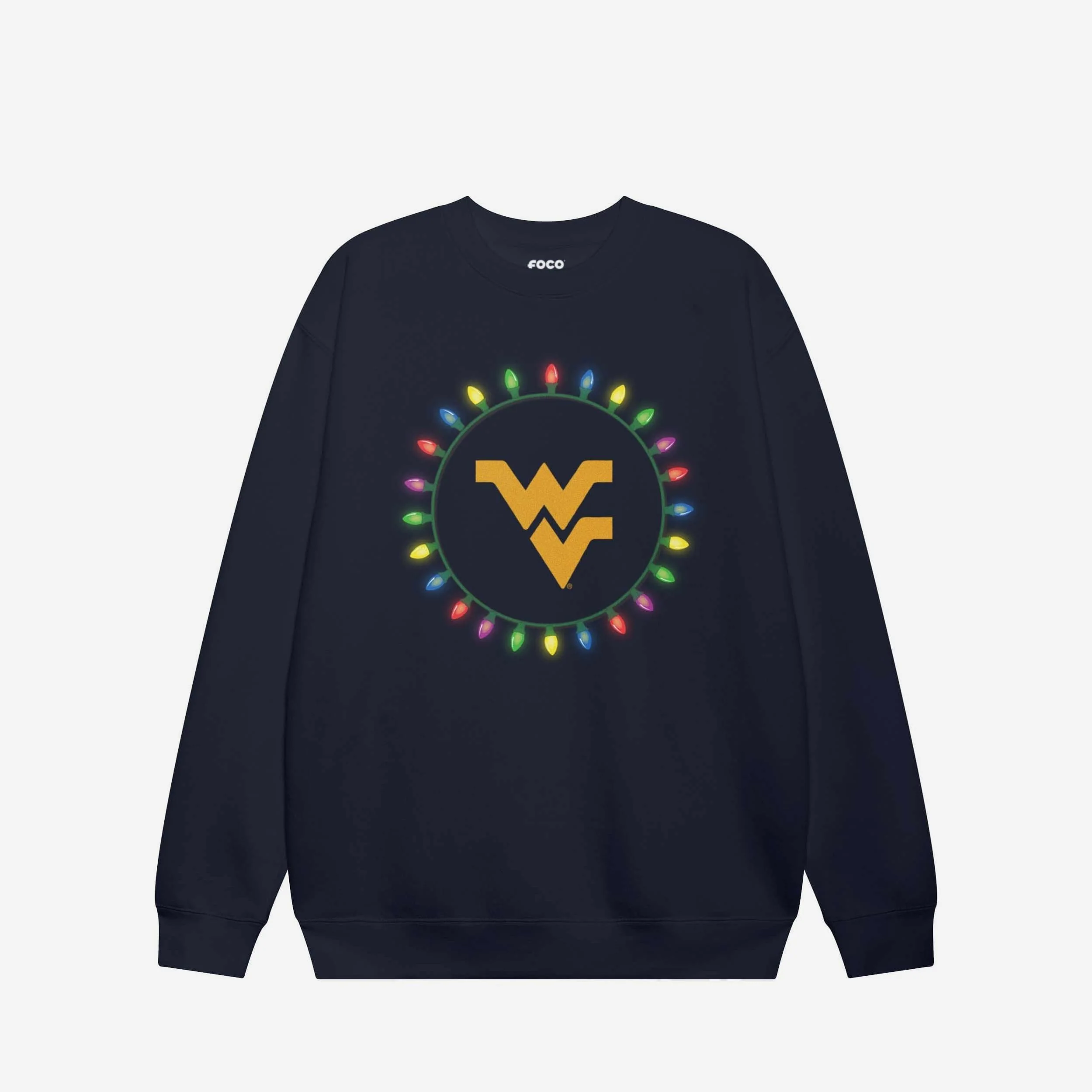 West Virginia Mountaineers Primary Logo Holiday Lights Crew Neck Sweatshirt