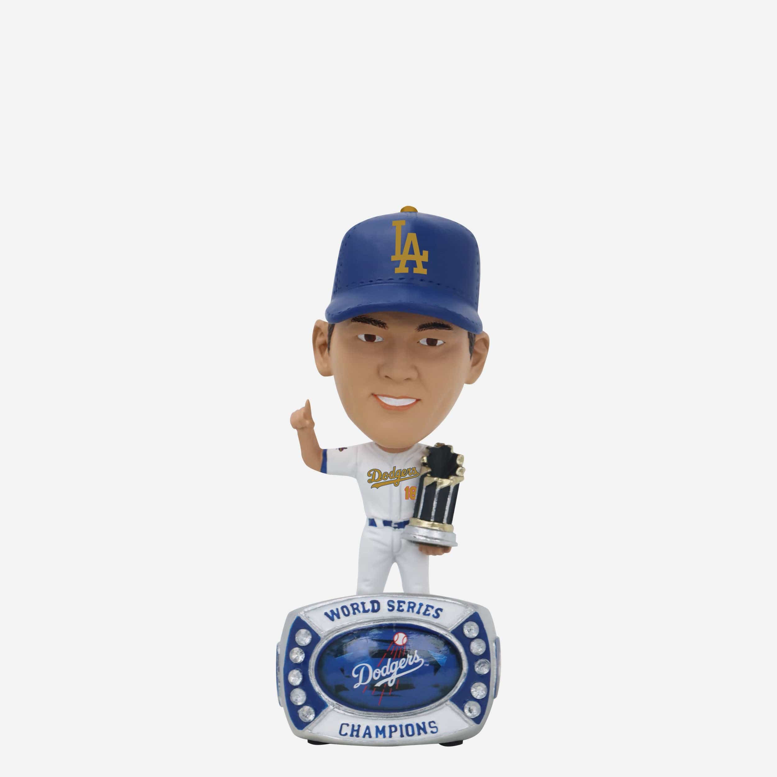 Yoshinobu Yamamoto Los Angeles Dodgers 2024 World Series Champions Japanese Gold Jersey Ring Base Mini Bighead Bobblehead