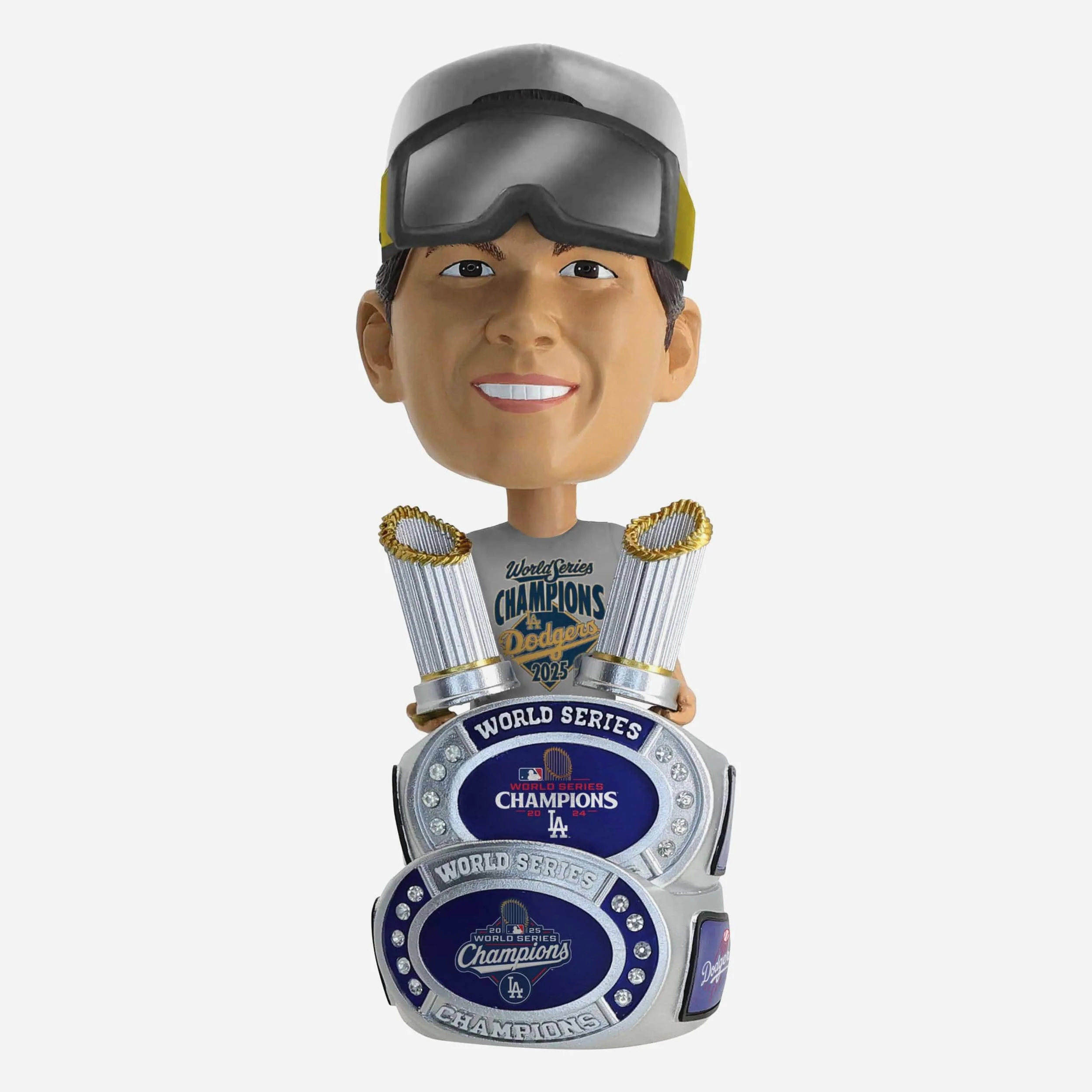 Yoshinobu Yamamoto Los Angeles Dodgers 2025 Back To Back World Series Champions Cap & Tee Bighead Bobblehead